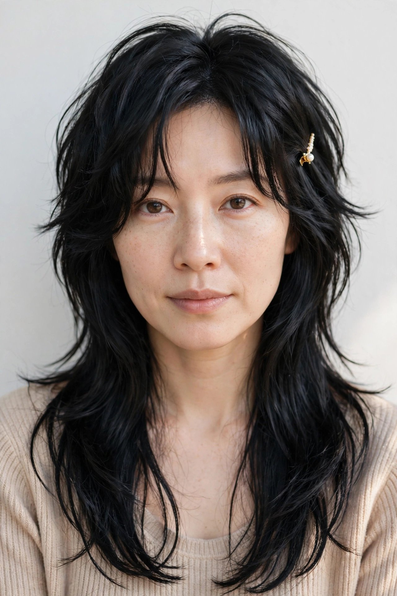 Wolf Cut Hairstyles for Spring with Choppy Face Framing Layers in soft black with a sleek with shine finish