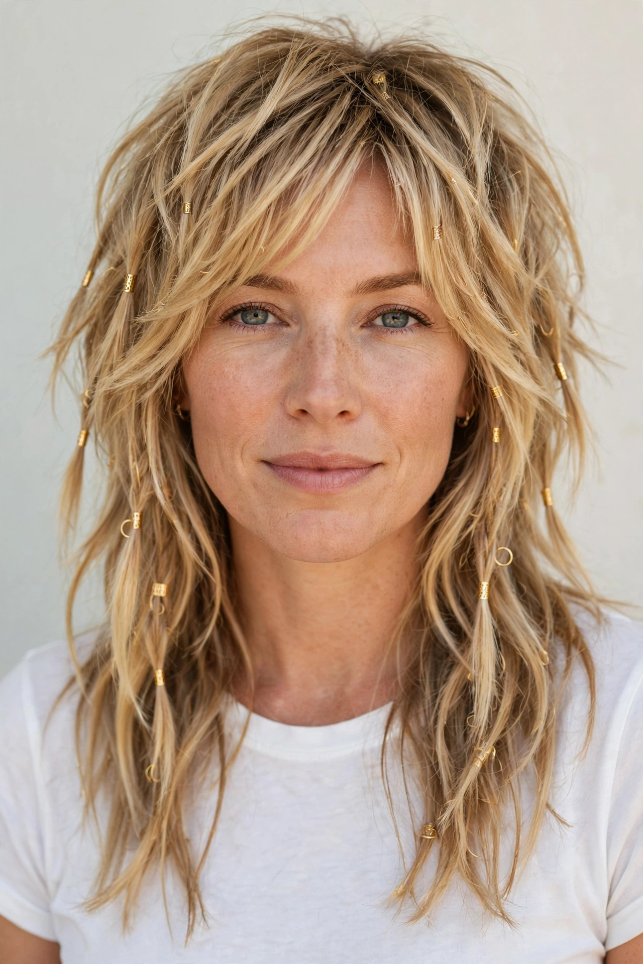 Honey Blonde Wolf Cut Hairstyles for Spring with Choppy Face Framing Layers with Small Gold Cuffs