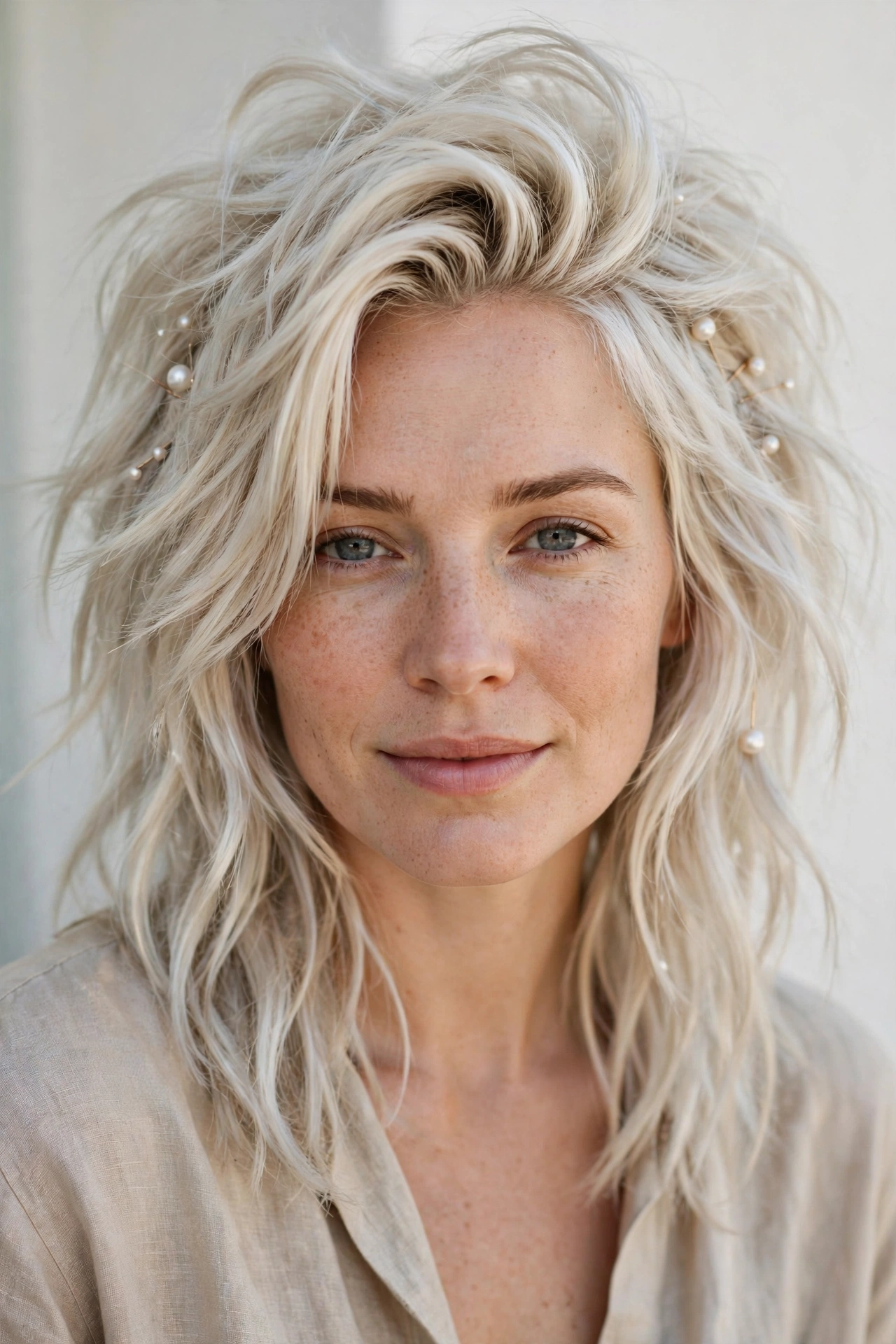 Platinum Blonde Wolf Cut Hairstyles for Spring with Choppy Face Framing Layers with Delicate Pearl Pins