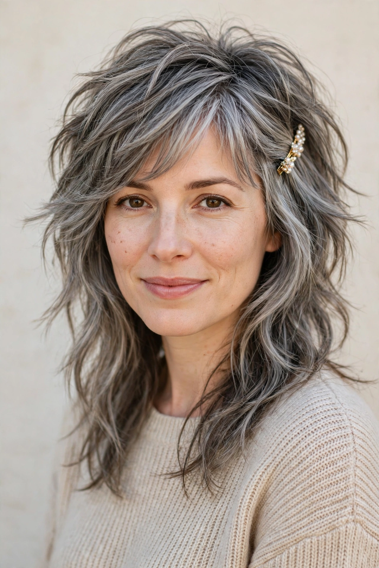 Wolf Cut Hairstyles for Spring with Choppy Face Framing Layers in soft grey-blended with a relaxed with movement finish