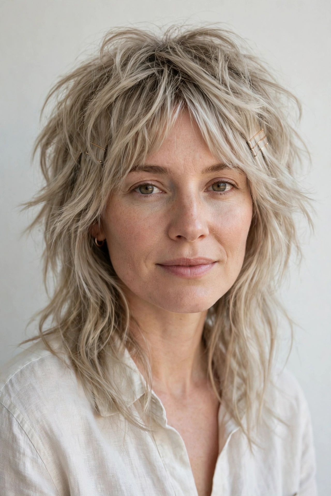 Ash Blonde Wolf Cut Hairstyles for Spring with Choppy Face Framing Layers with Minimal Gold Pins