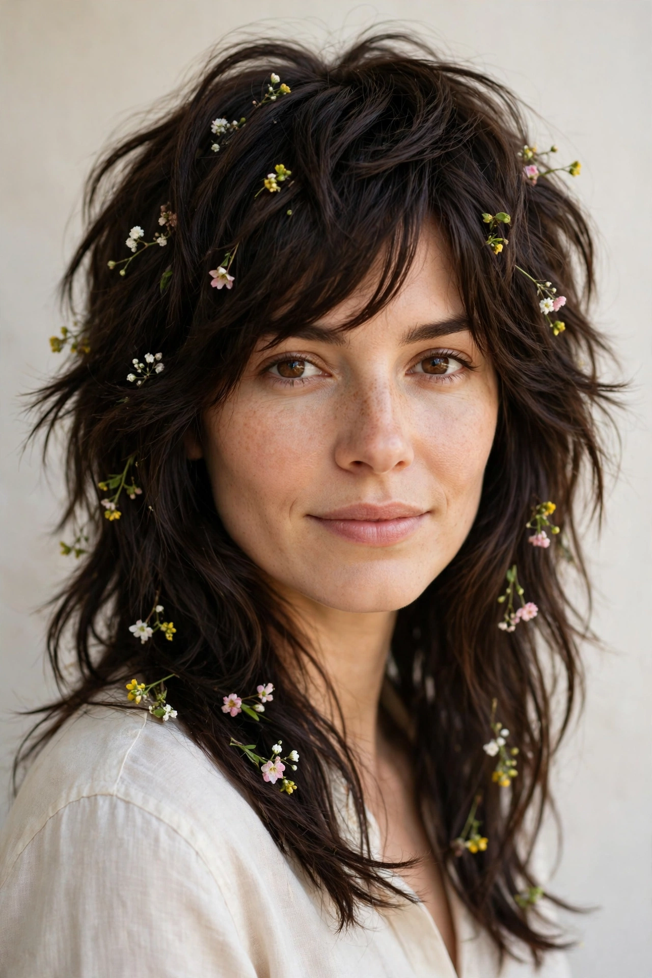 Deep Brunette Wolf Cut Hairstyles for Spring with Choppy Face Framing Layers with Tiny Fresh Flowers