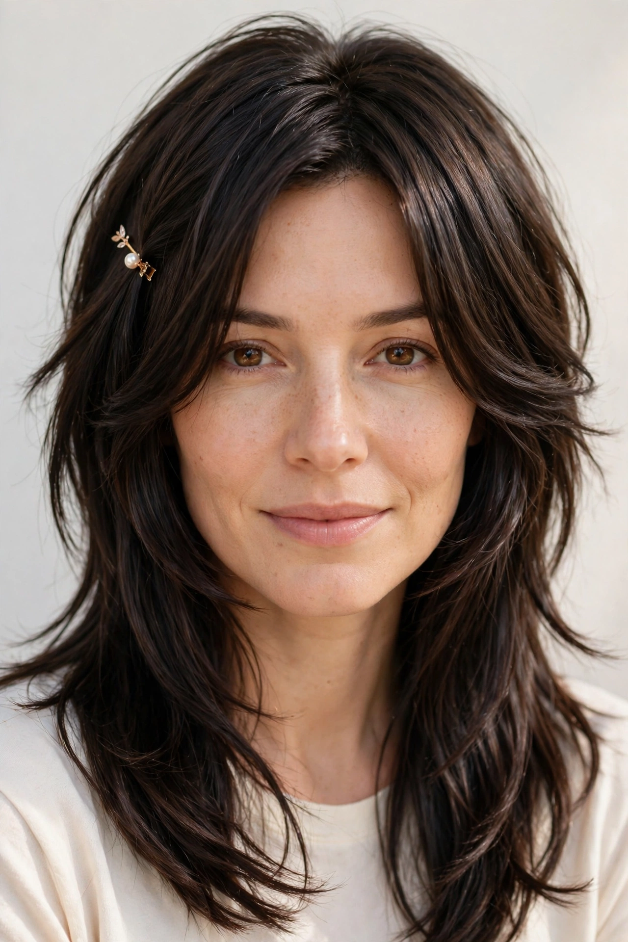 Wolf Cut Hairstyles for Spring with Choppy Face Framing Layers in dark chocolate with a sleek with shine finish
