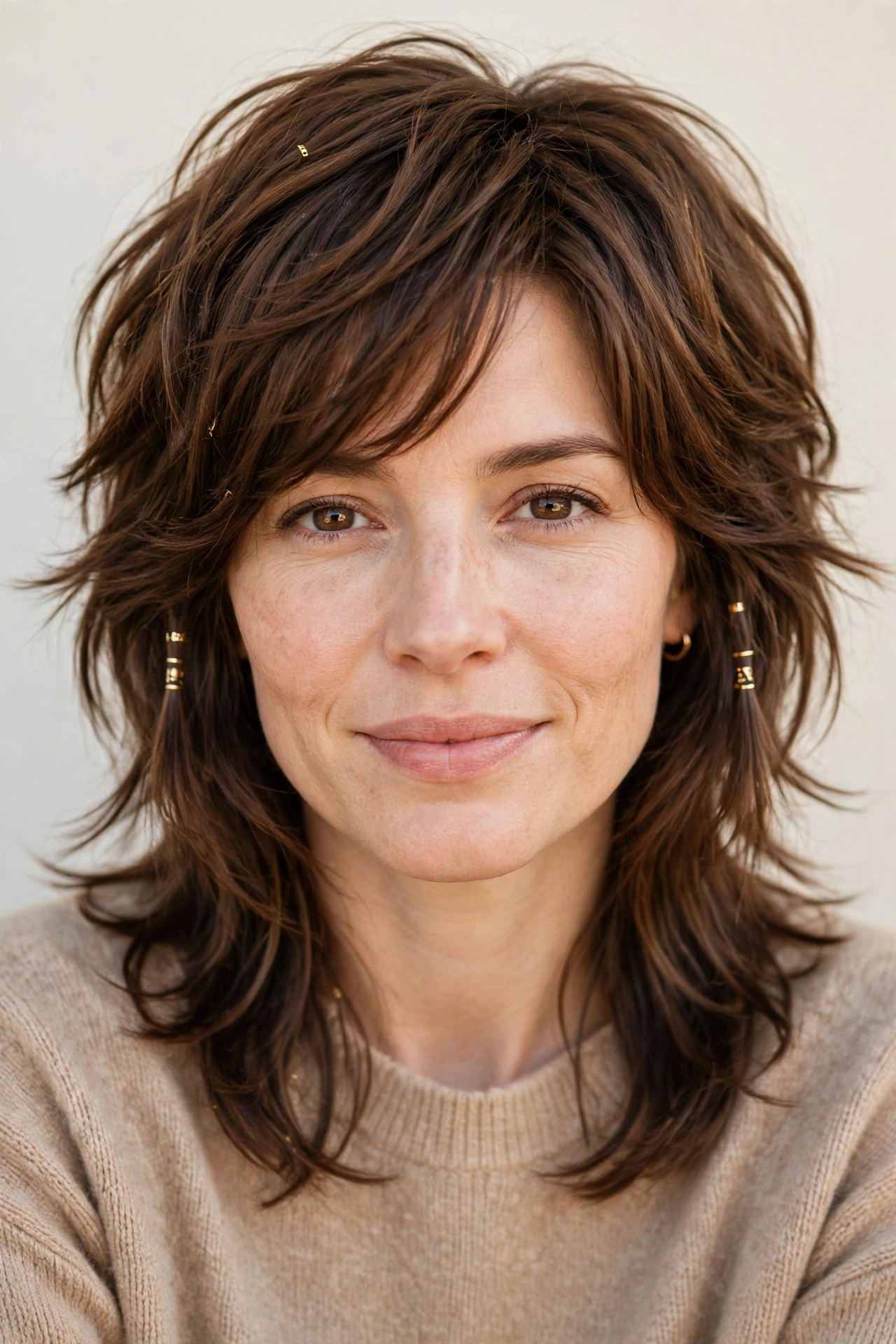 Warm Brown Wolf Cut Hairstyles for Spring with Choppy Face Framing Layers with Small Gold Cuffs for A Weekend Outing