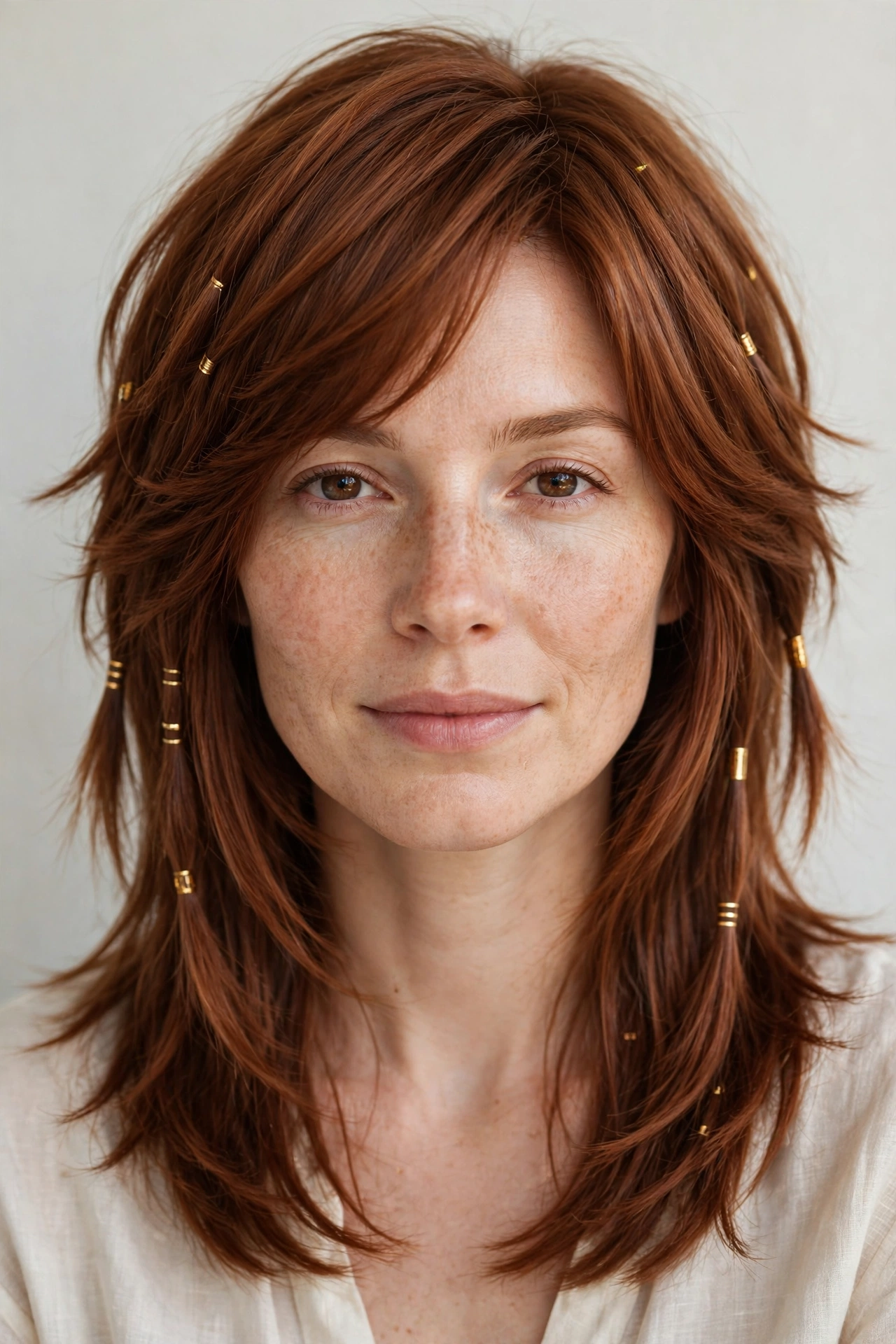 Soft Auburn Wolf Cut Hairstyles for Straight Hair with Feathered Layers with Small Gold Cuffs