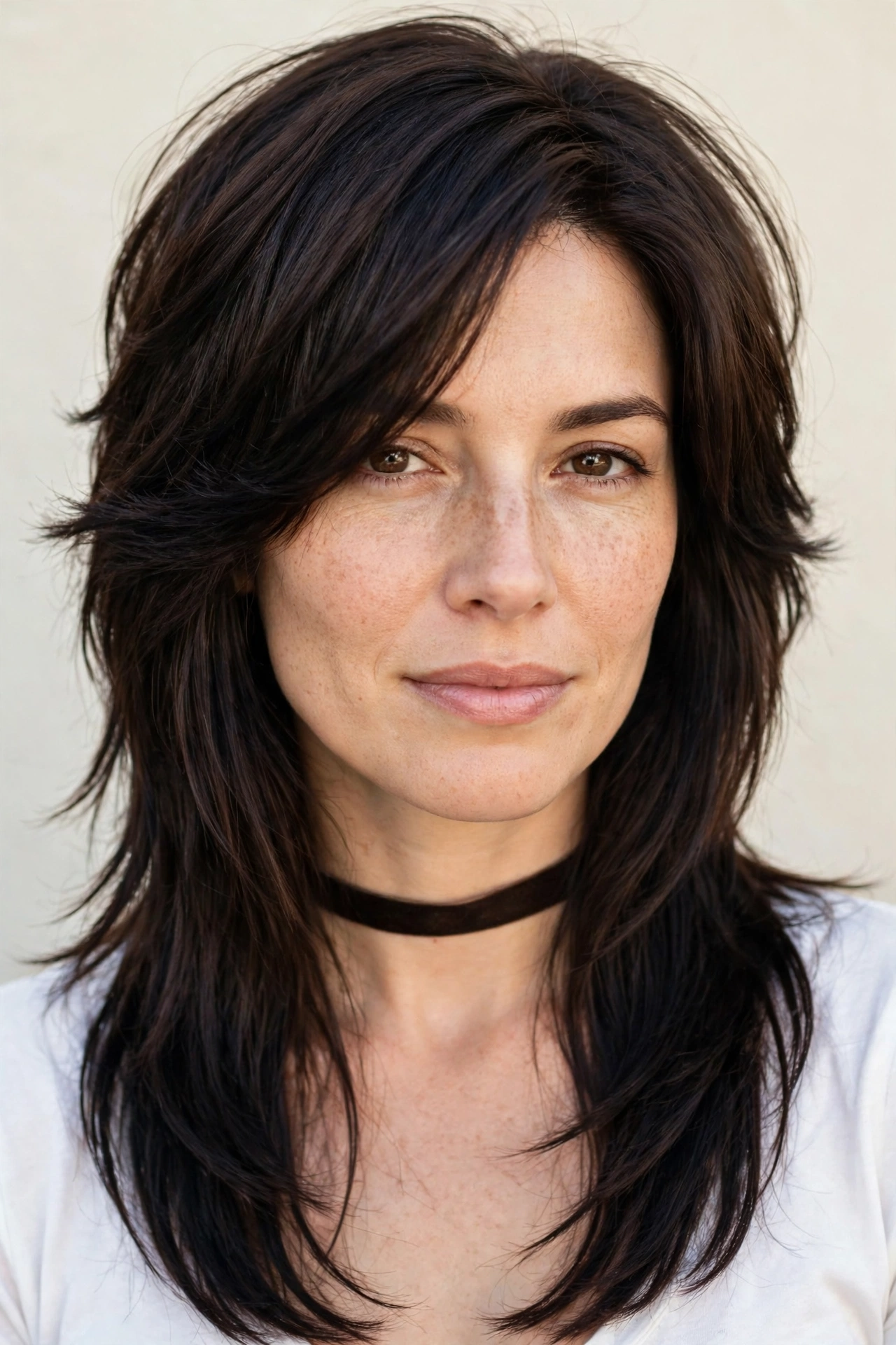 Wolf Cut Hairstyles for Straight Hair with Feathered Layers in deep brunette with a glossy and neat finish