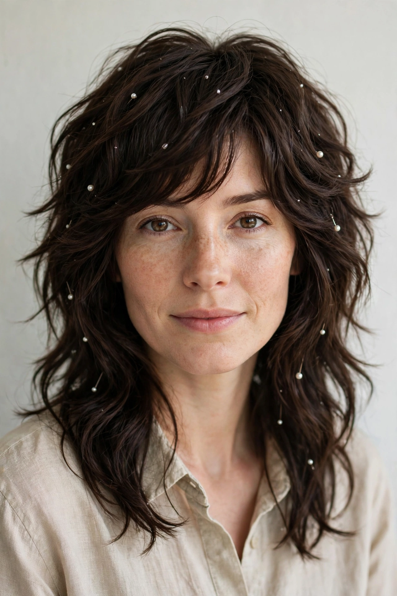 Dark Chocolate Wolf Cut Hairstyles for Straight Hair with Feathered Layers with Delicate Pearl Pins