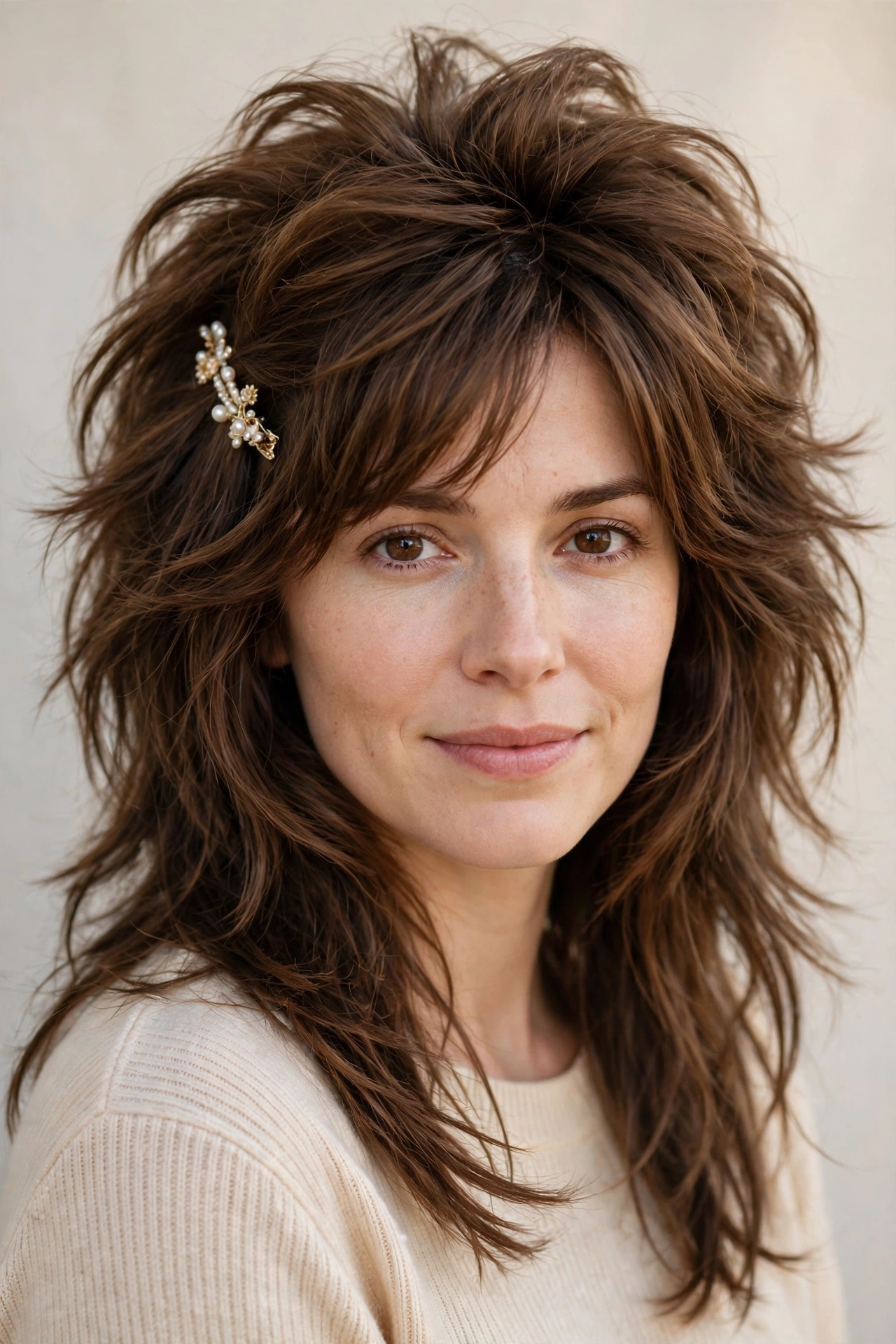 Wolf Cut Hairstyles for Straight Hair with Feathered Layers in warm brown with a voluminous at the roots finish