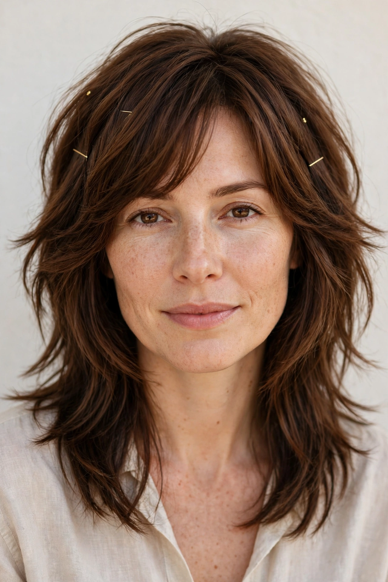 Chestnut Wolf Cut Hairstyles for Straight Hair with Feathered Layers with Minimal Gold Pins