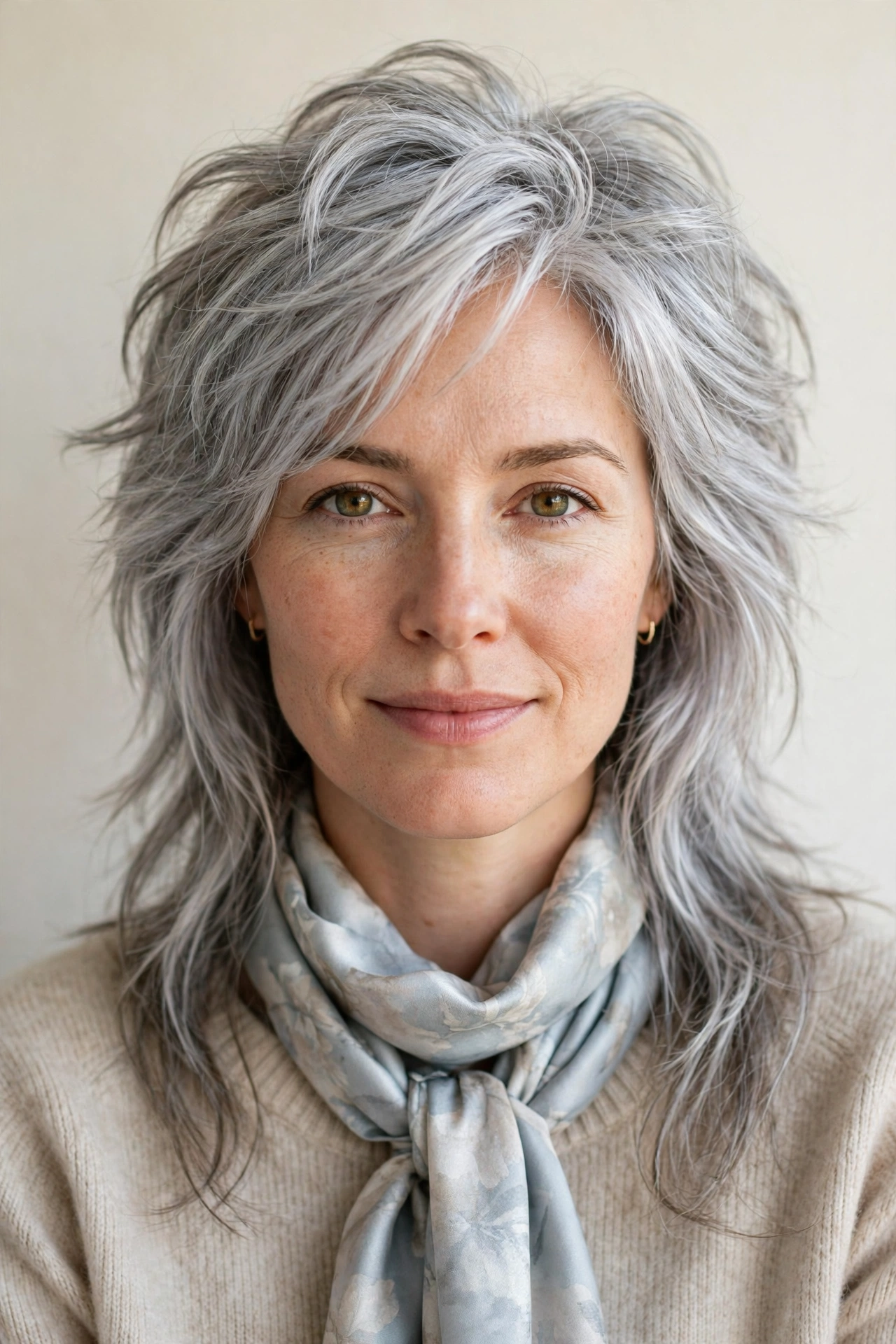 Wolf Cut Hairstyles for Straight Hair with Feathered Layers in silver with a gently tousled finish