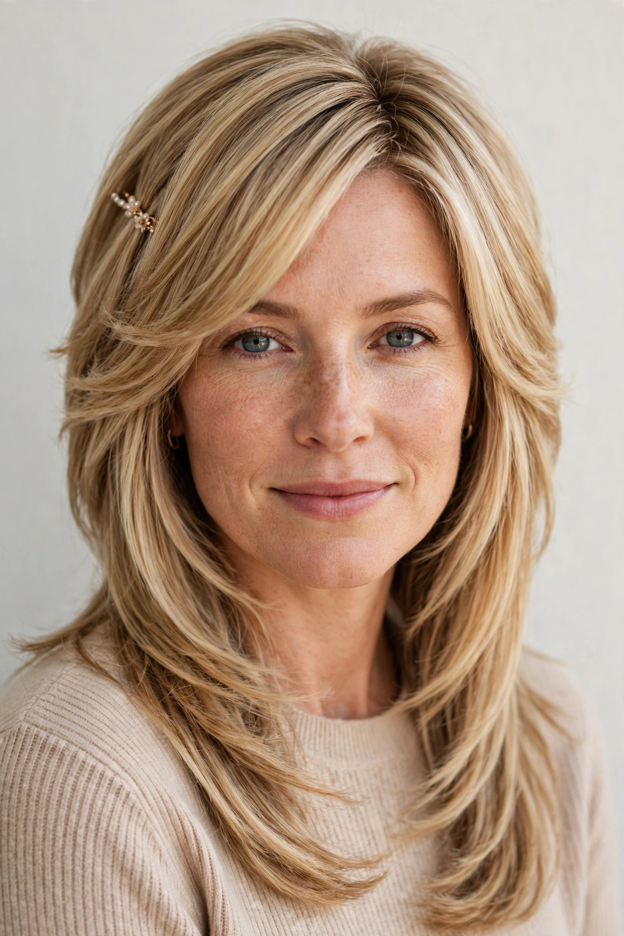 Wolf Cut Hairstyles for Straight Hair with Feathered Layers in honey blonde with a smooth and polished finish