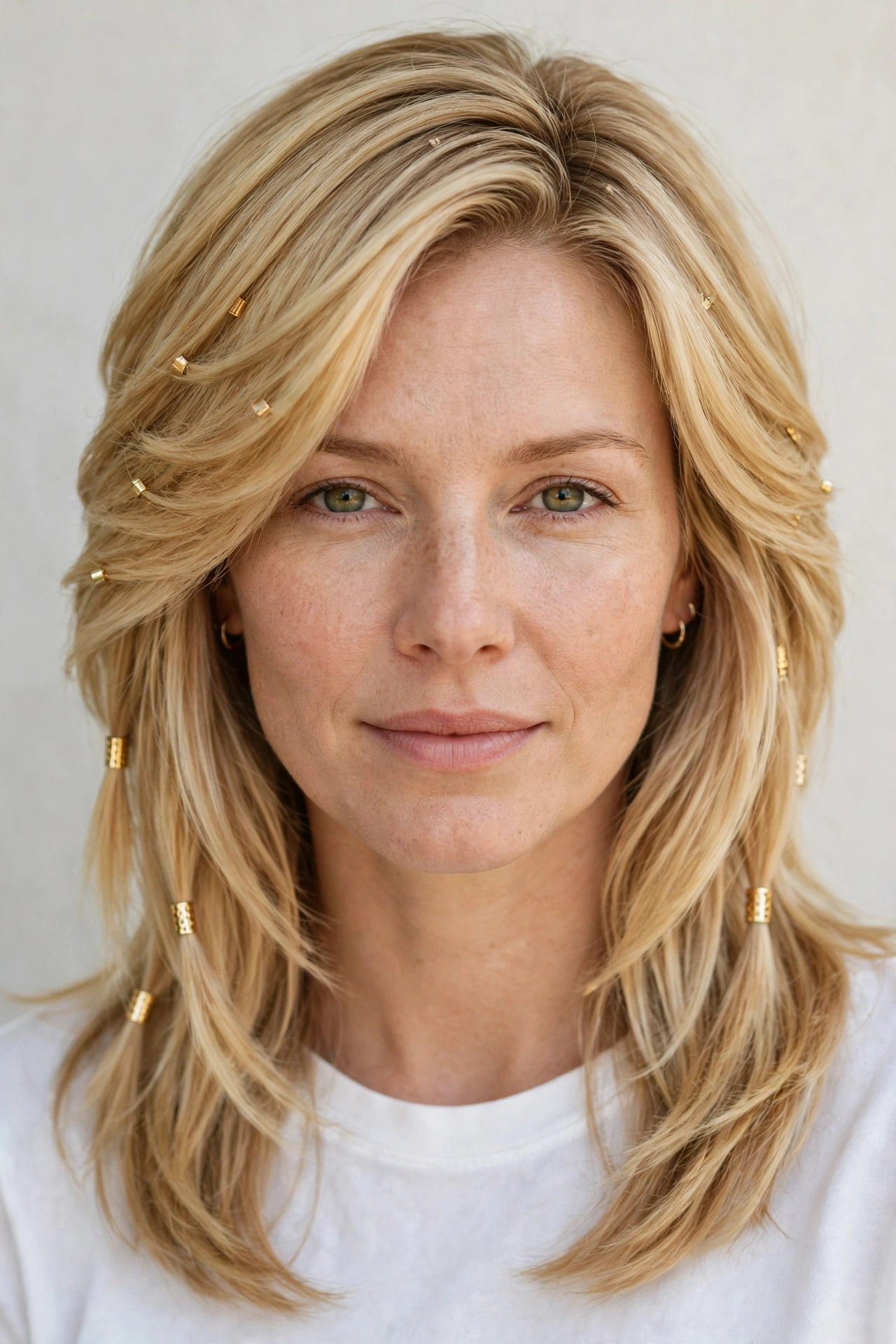 Golden Blonde Wolf Cut Hairstyles for Straight Hair with Feathered Layers with Small Gold Cuffs