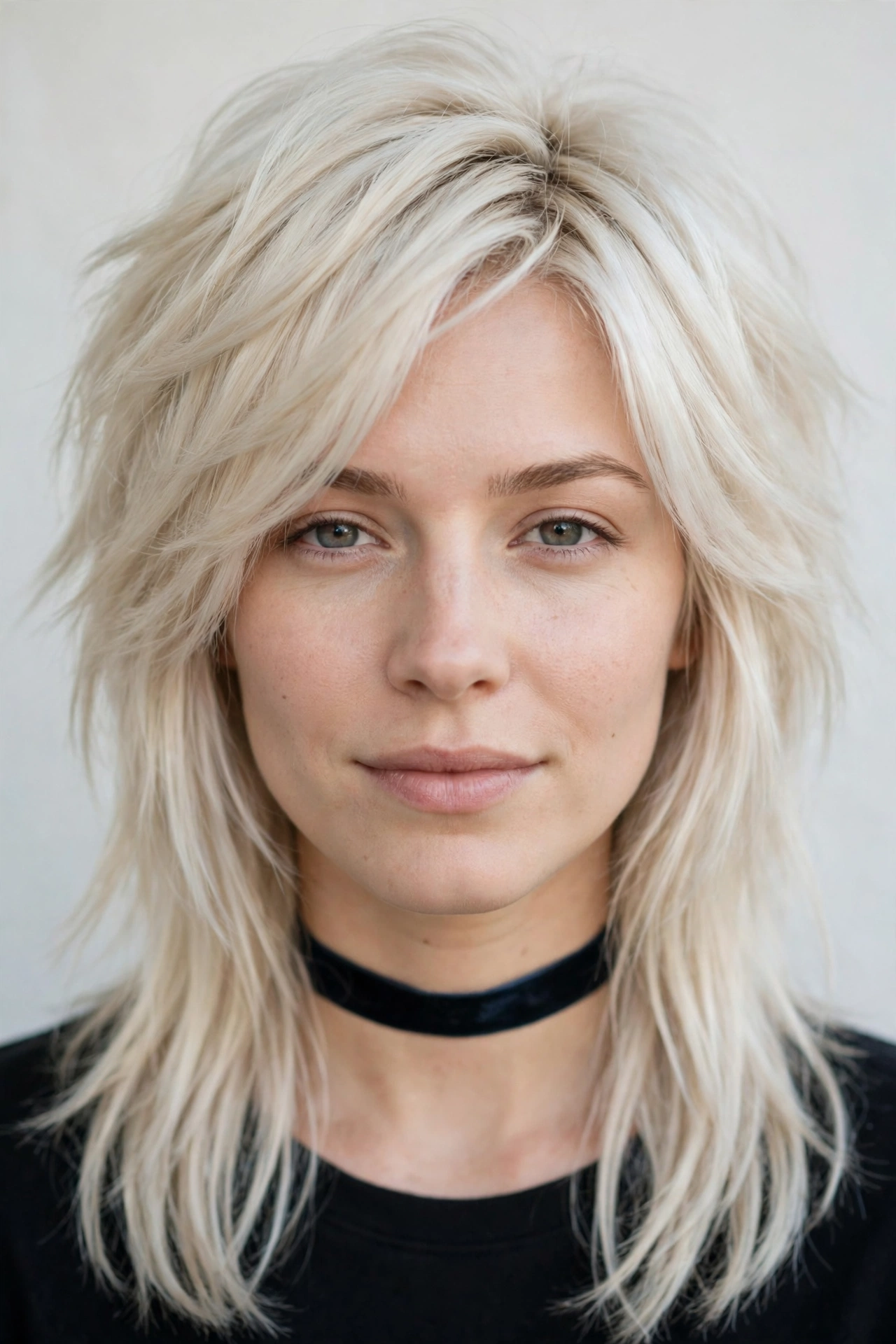 Wolf Cut Hairstyles for Straight Hair with Feathered Layers in platinum blonde with a glossy and neat finish