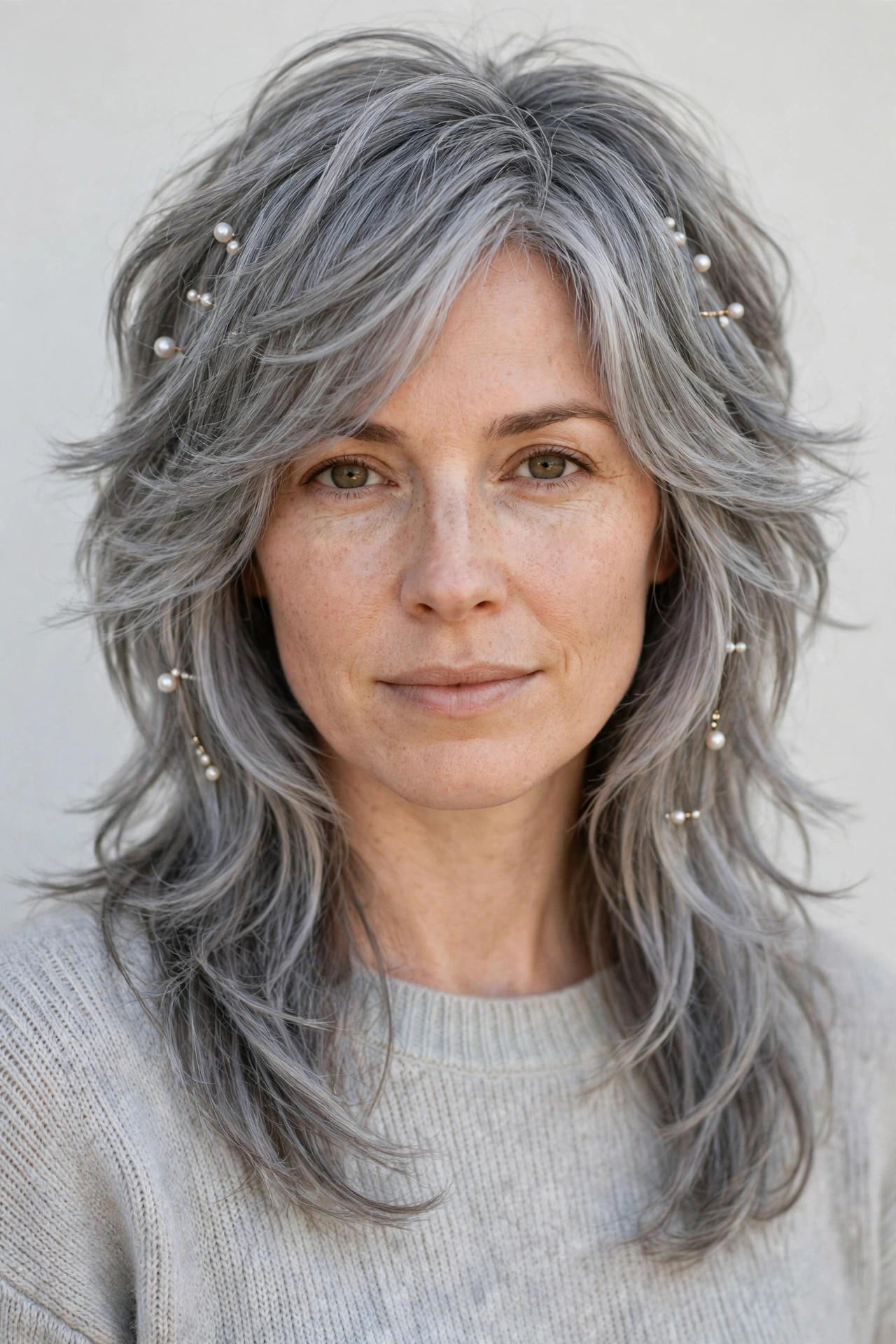 Soft Grey-Blended Wolf Cut Hairstyles for Straight Hair with Feathered Layers with Delicate Pearl Pins