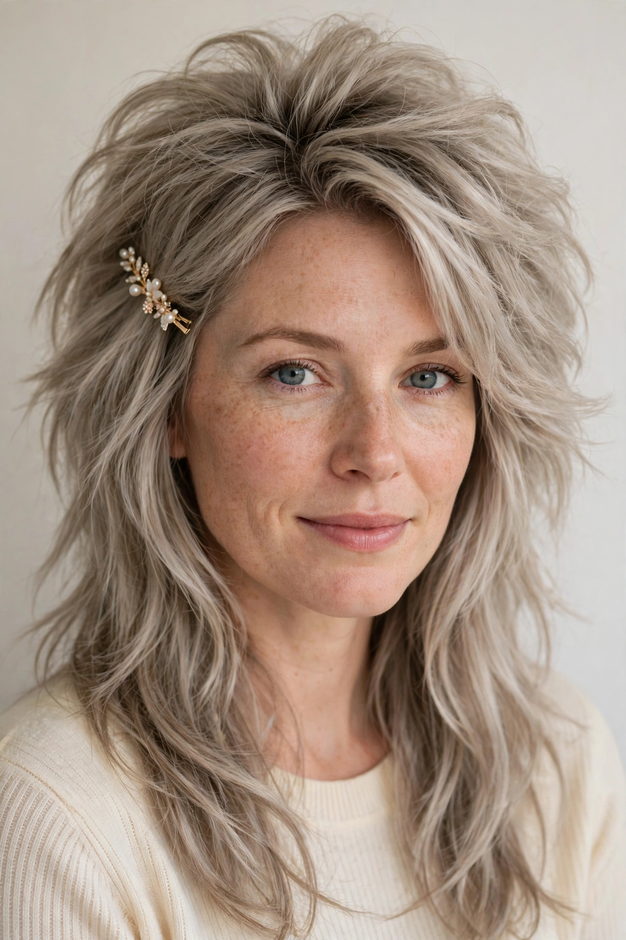 Wolf Cut Hairstyles for Straight Hair with Feathered Layers in ash blonde with a voluminous at the roots finish