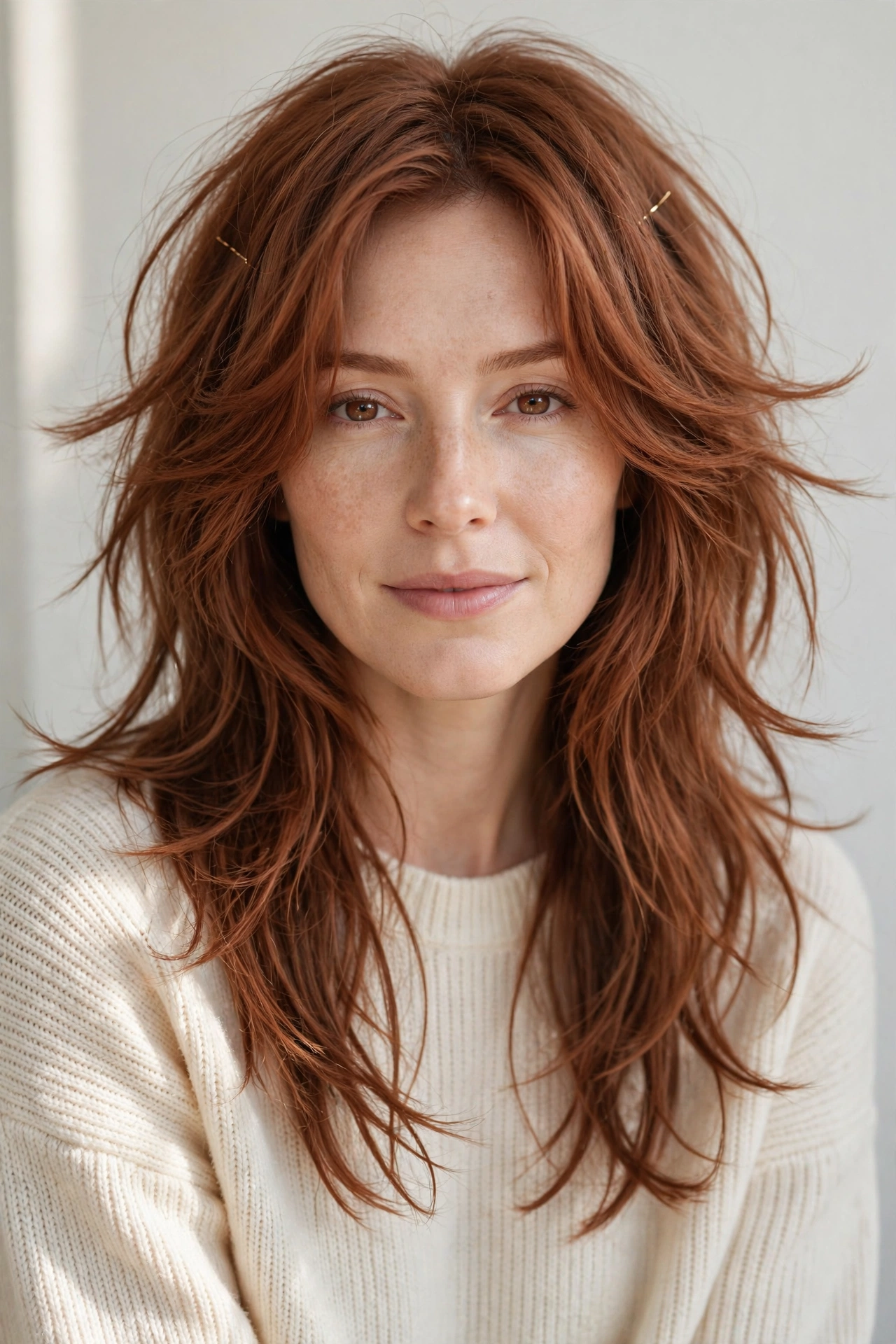 Soft Auburn Wolf Cut Hairstyles for Straight Hair with Feathered Layers with Minimal Gold Pins