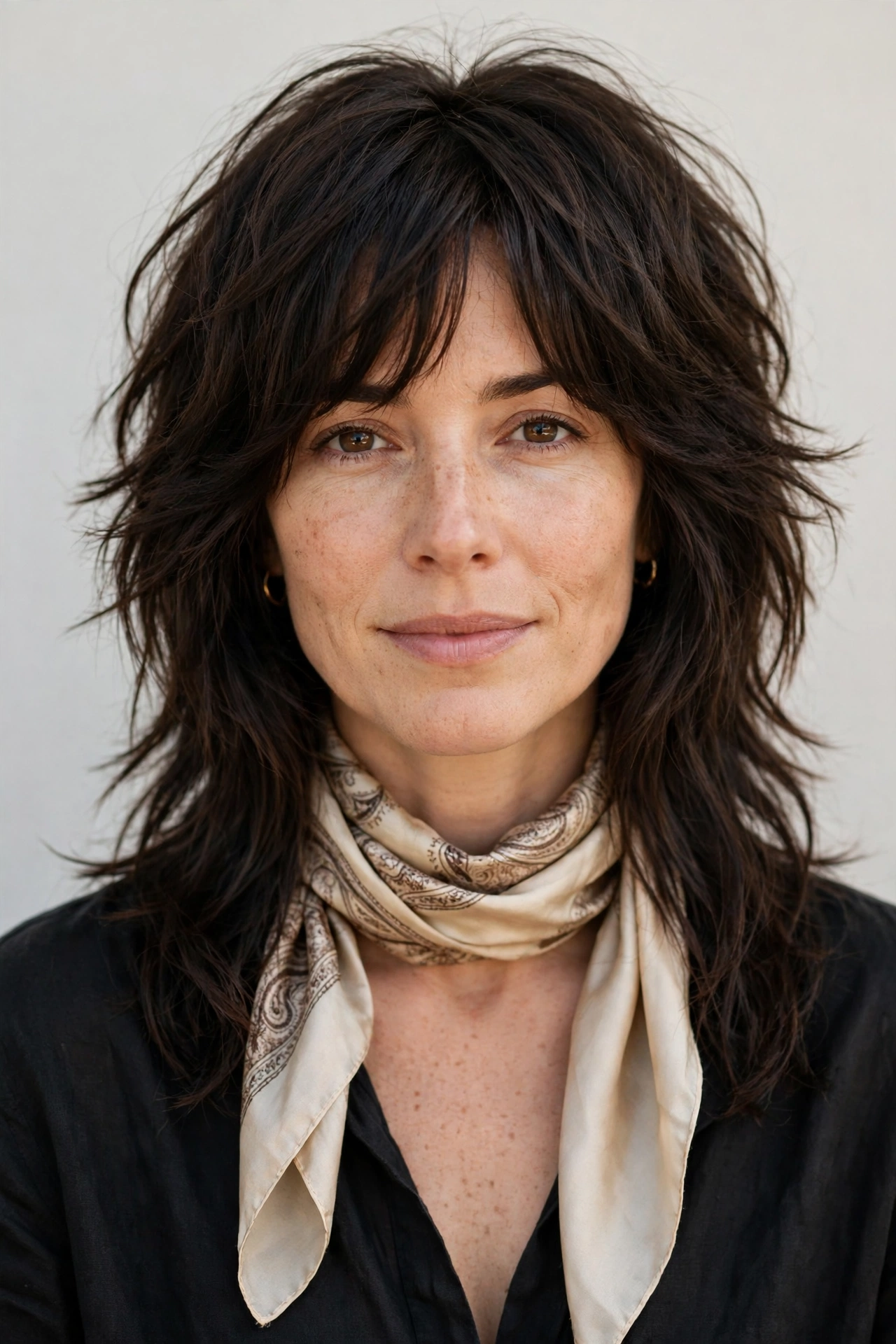 Wolf Cut Hairstyles for Straight Hair with Feathered Layers in deep brunette with a gently tousled finish
