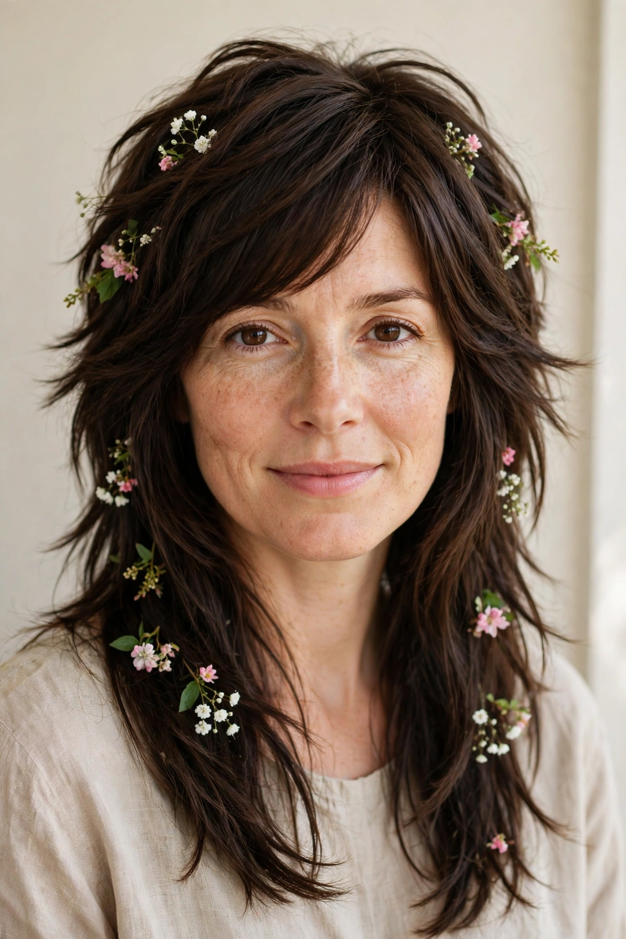 Dark Chocolate Wolf Cut Hairstyles for Straight Hair with Feathered Layers with Tiny Fresh Flowers