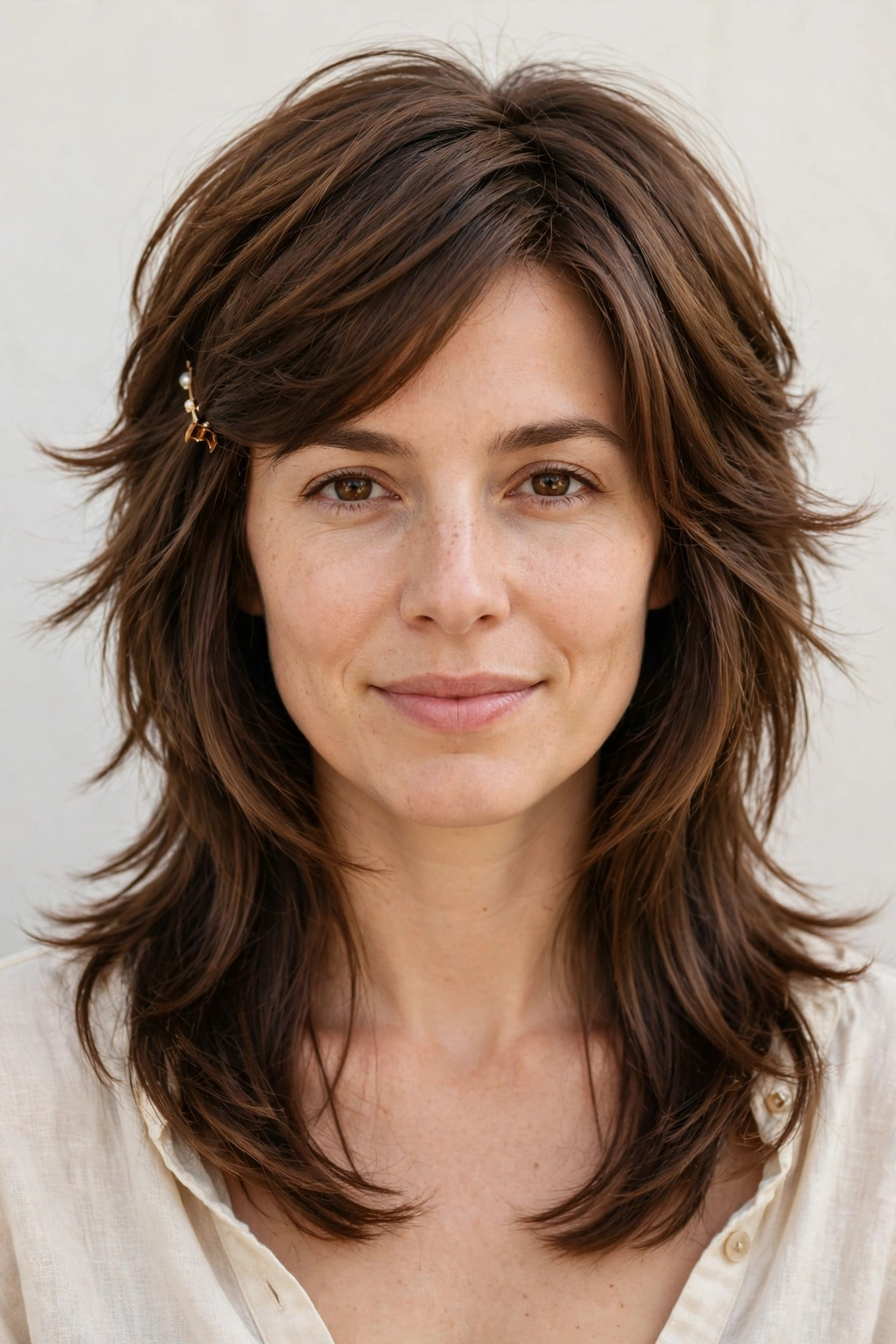 Wolf Cut Hairstyles for Straight Hair with Feathered Layers in warm brown with a smooth and polished finish