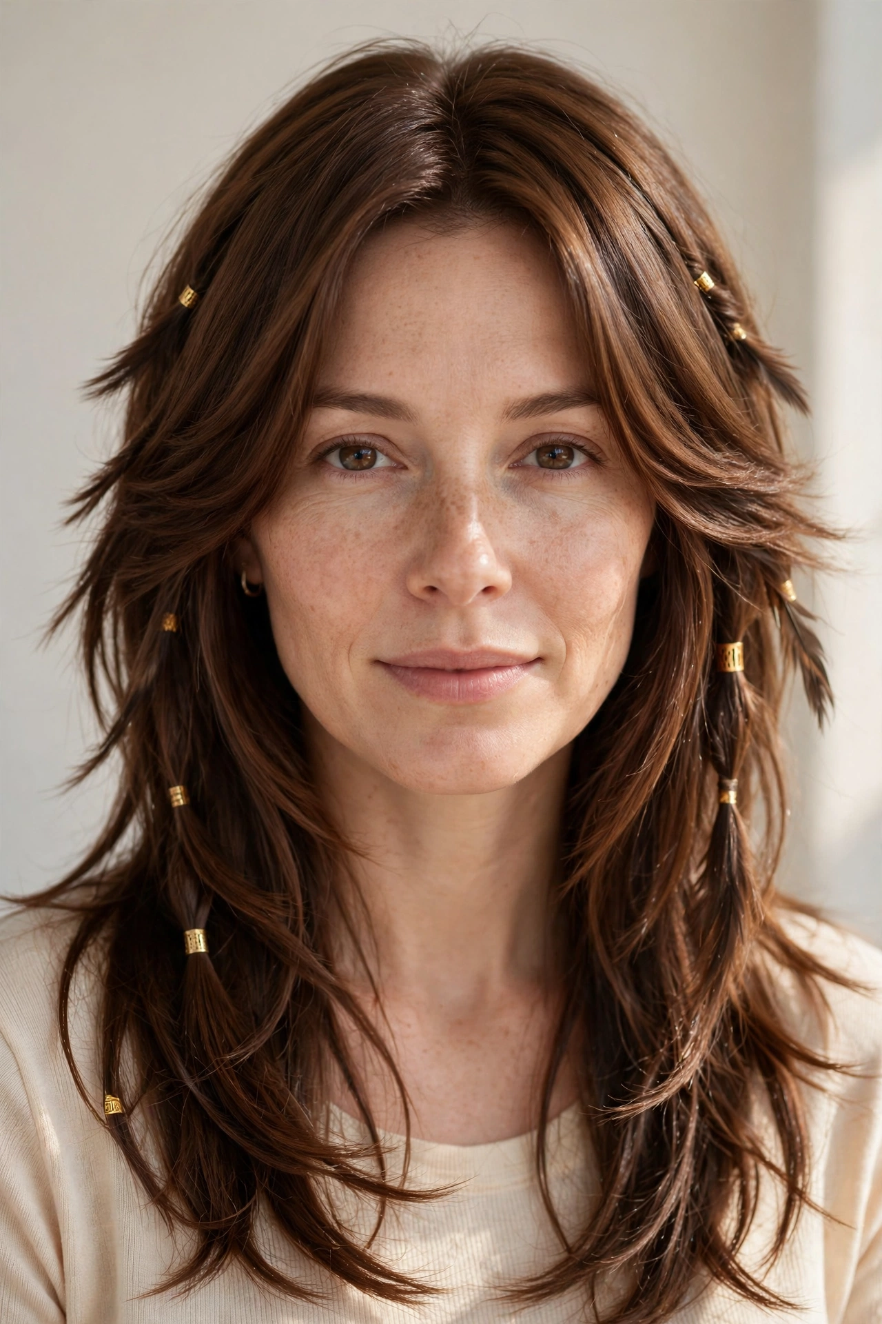 Chestnut Wolf Cut Hairstyles for Straight Hair with Feathered Layers with Small Gold Cuffs