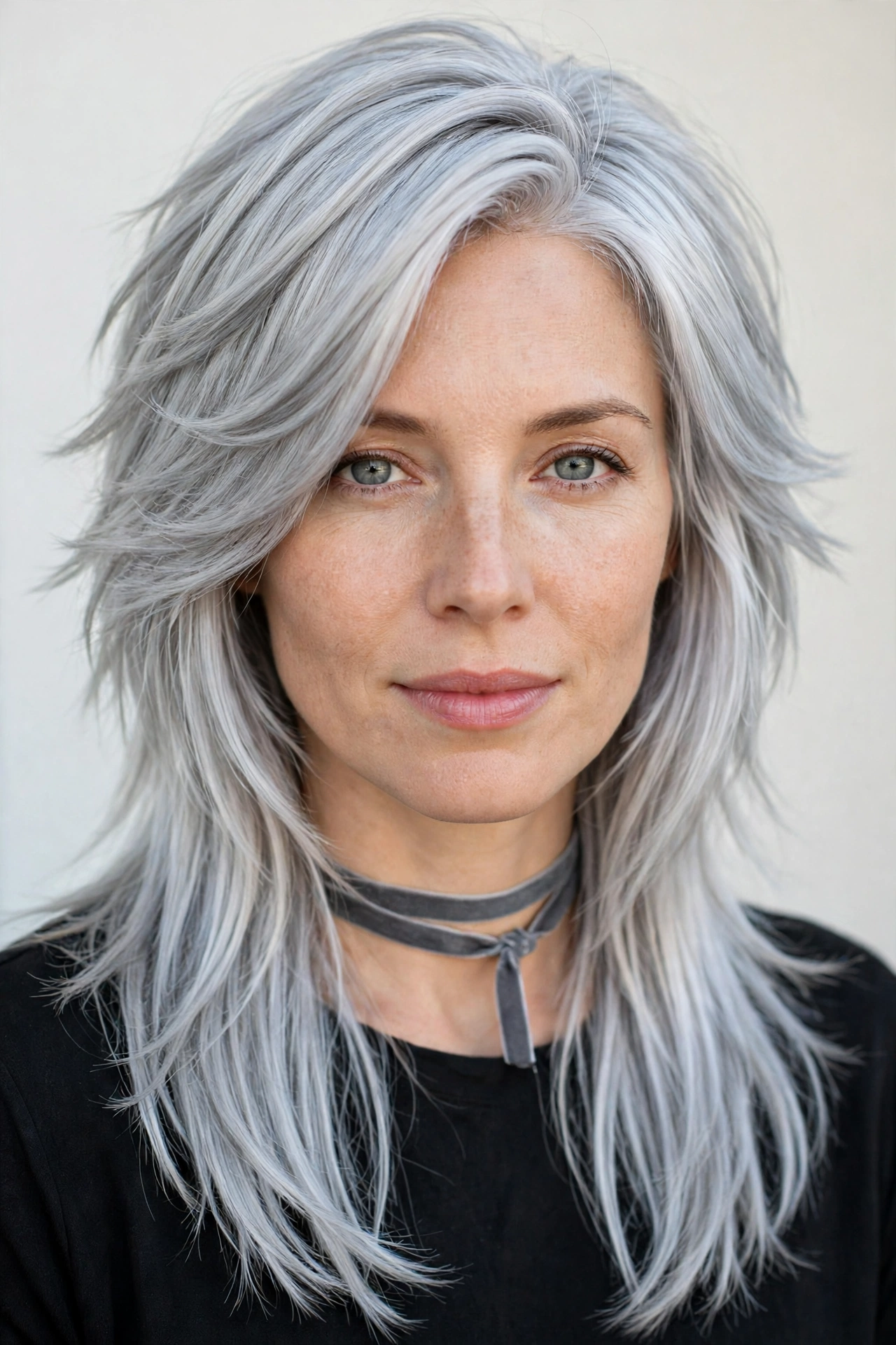 Wolf Cut Hairstyles for Straight Hair with Feathered Layers in silver with a glossy and neat finish