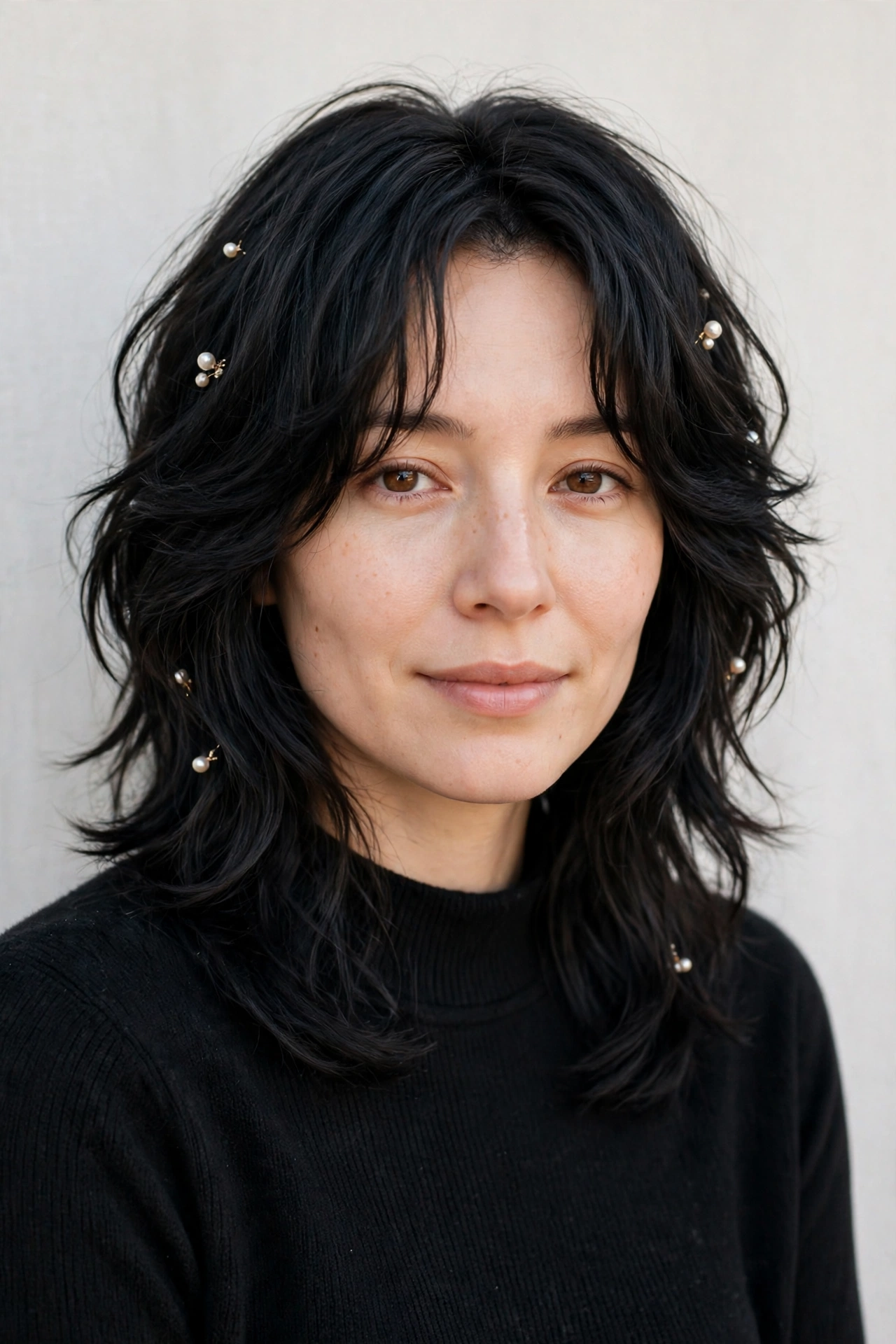 Soft Black Wolf Cut Hairstyles for Straight Hair with Feathered Layers with Delicate Pearl Pins
