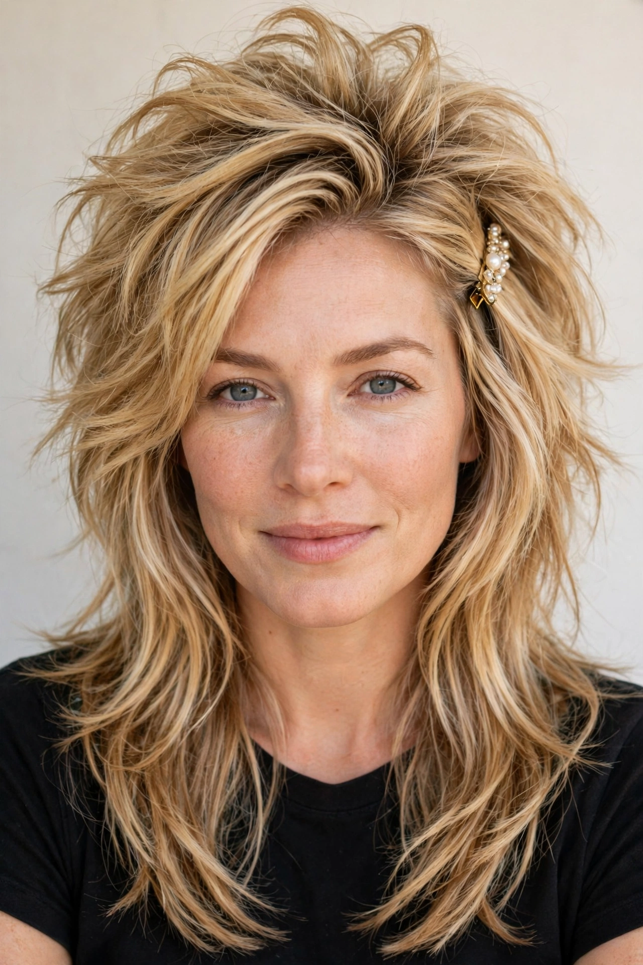 Wolf Cut Hairstyles for Straight Hair with Feathered Layers in honey blonde with a voluminous at the roots finish