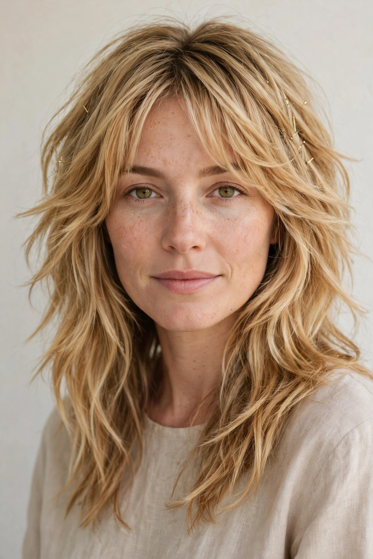 Golden Blonde Wolf Cut Hairstyles for Straight Hair with Feathered Layers with Minimal Gold Pins