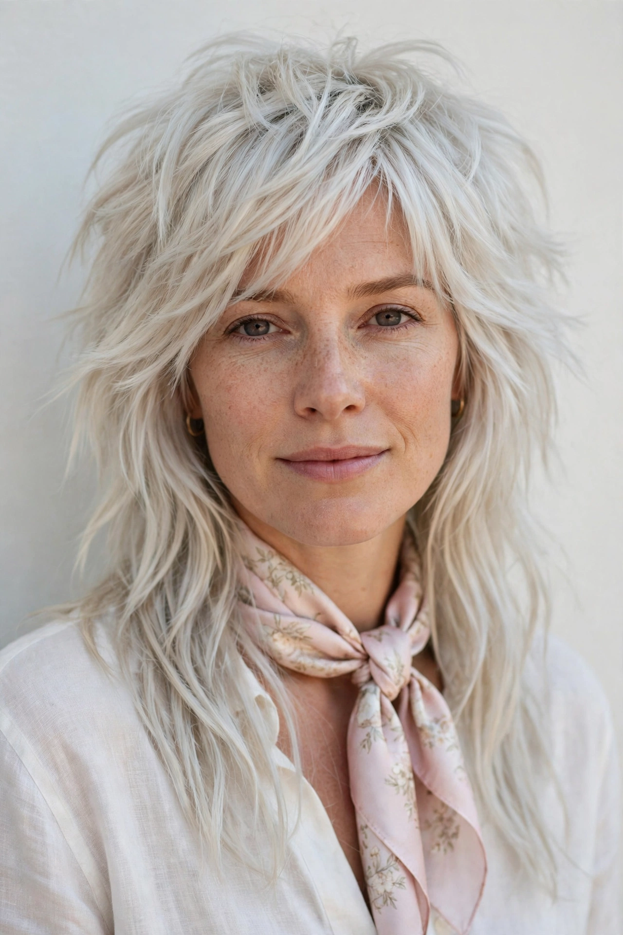 Wolf Cut Hairstyles for Straight Hair with Feathered Layers in platinum blonde with a gently tousled finish
