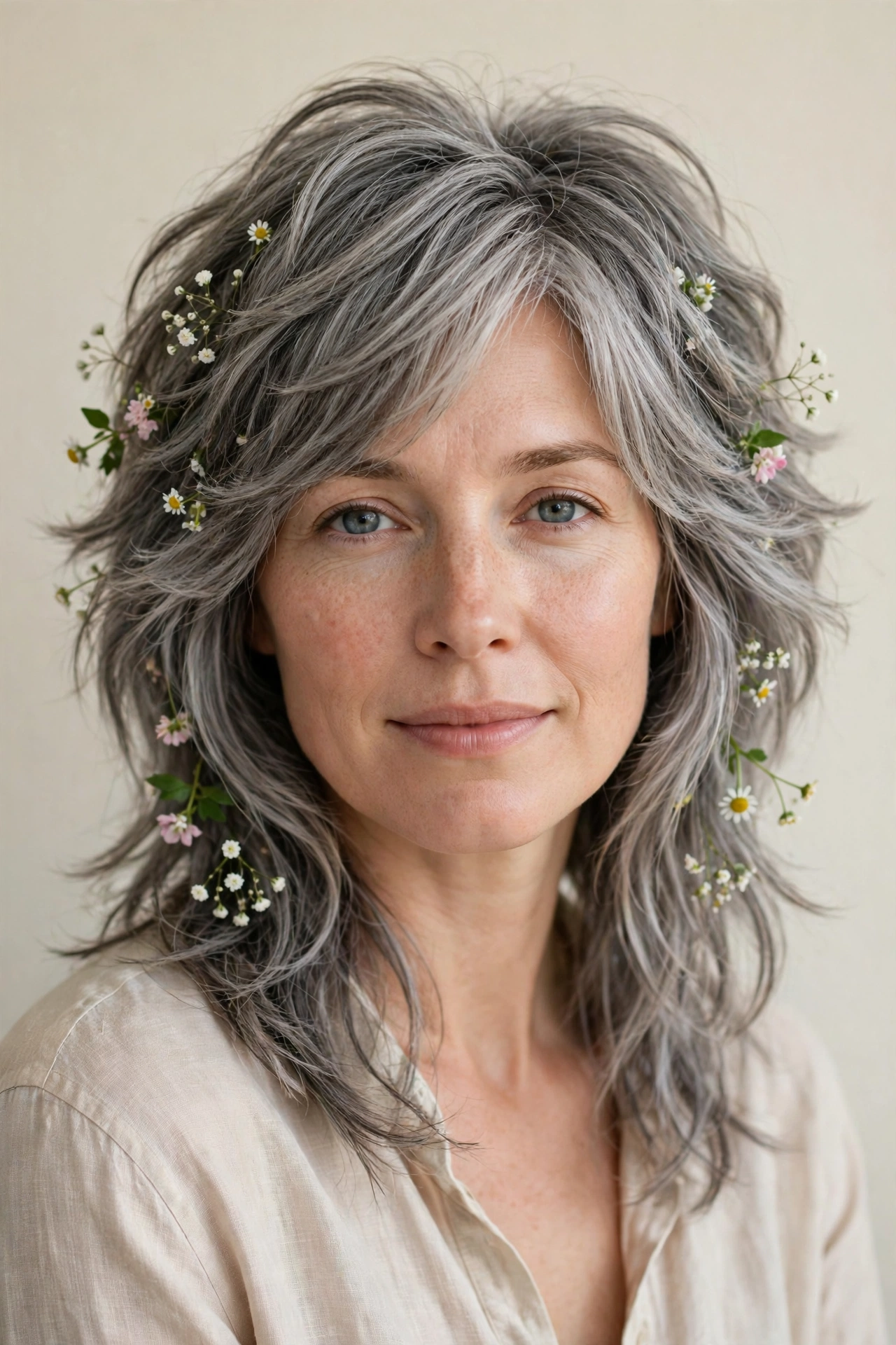 Soft Grey-Blended Wolf Cut Hairstyles for Straight Hair with Feathered Layers with Tiny Fresh Flowers