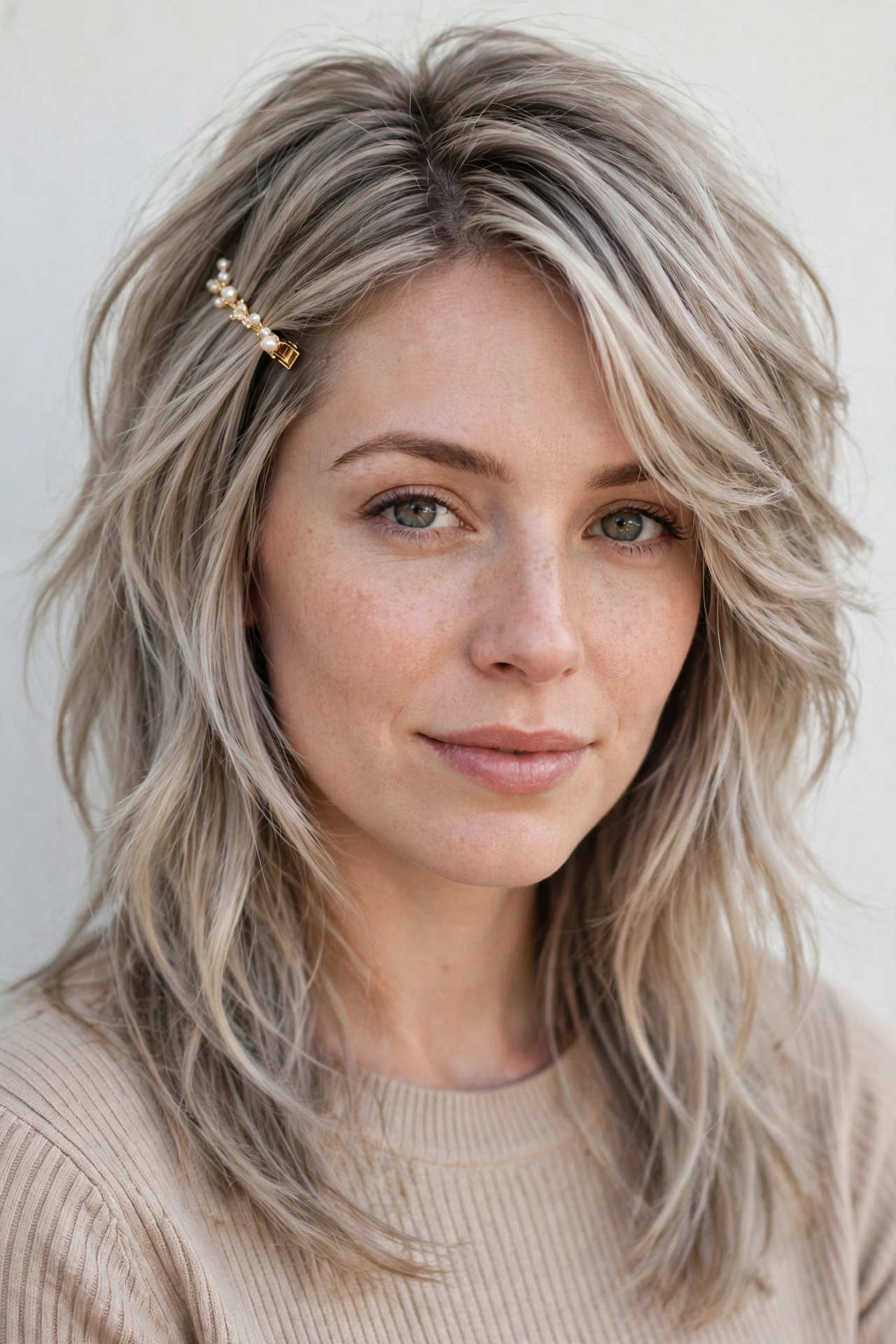 Wolf Cut Hairstyles for Straight Hair with Feathered Layers in ash blonde with a smooth and polished finish