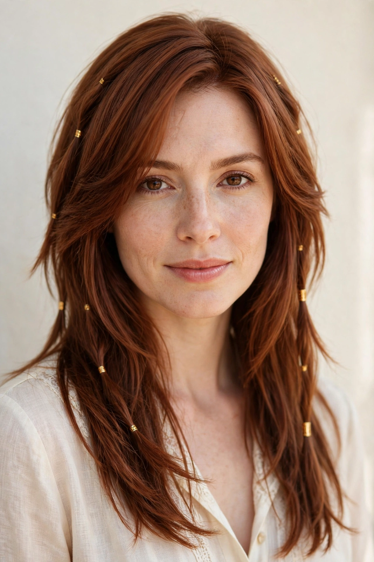 Soft Auburn Wolf Cut Hairstyles for Straight Hair with Feathered Layers with Small Gold Cuffs for A Wedding Guest Look