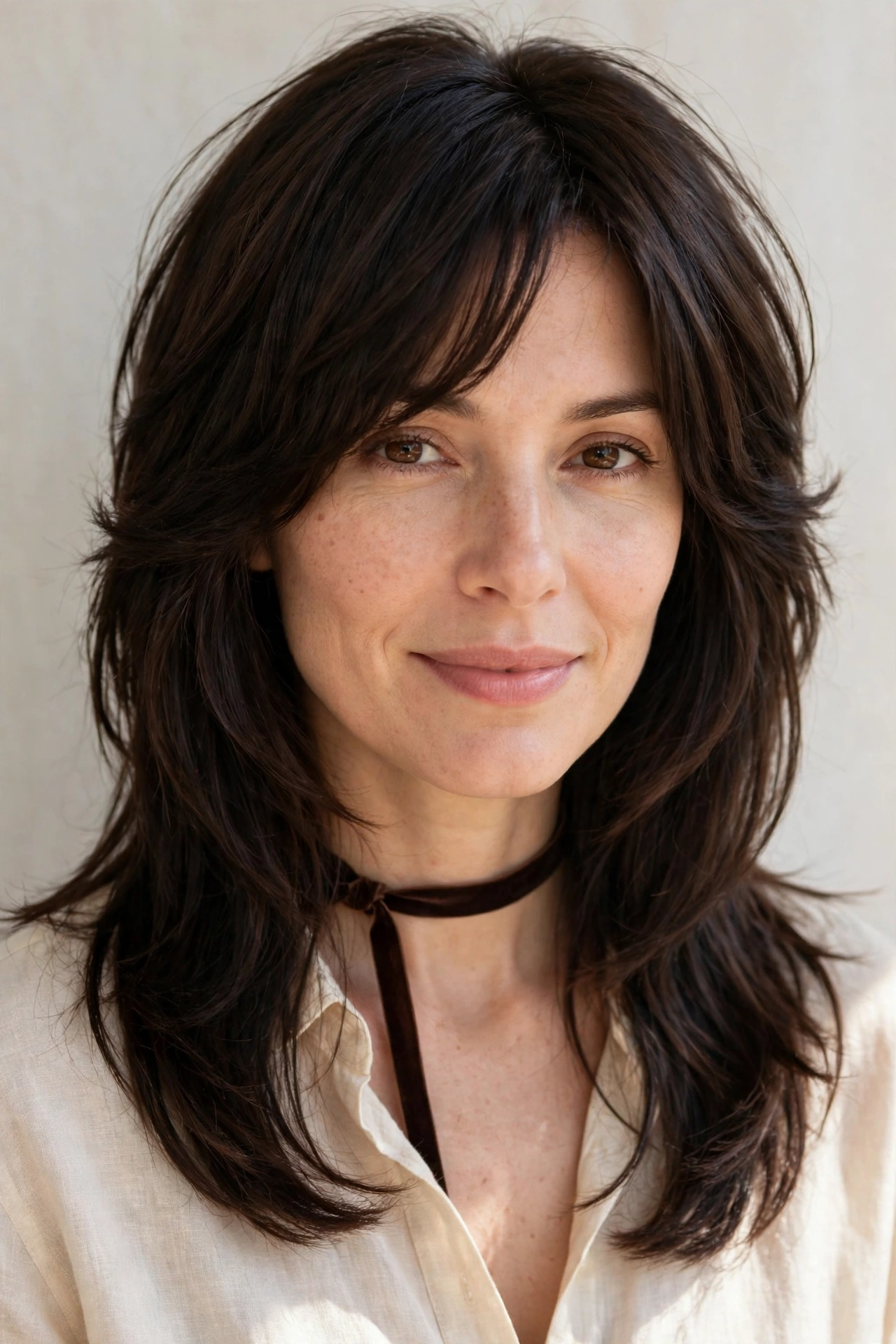 Wolf Cut Hairstyles for Straight Hair with Feathered Layers in deep brunette with a glossy and neat finish for a spring brunch