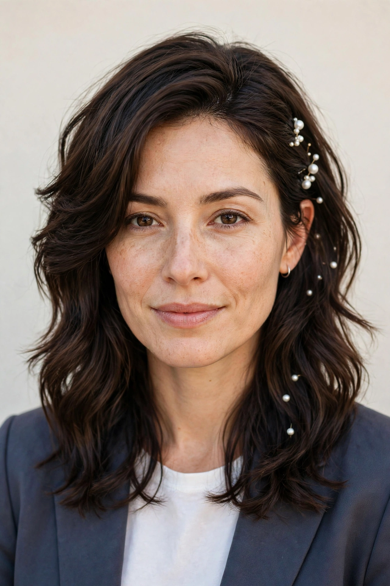 Dark Chocolate Wolf Cut Hairstyles for Straight Hair with Feathered Layers with Delicate Pearl Pins for A Smart Daytime Event