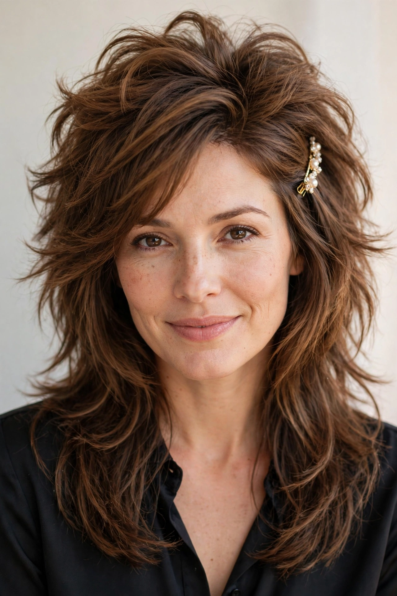 Wolf Cut Hairstyles for Straight Hair with Feathered Layers in warm brown with a voluminous at the roots finish for a romantic evening out