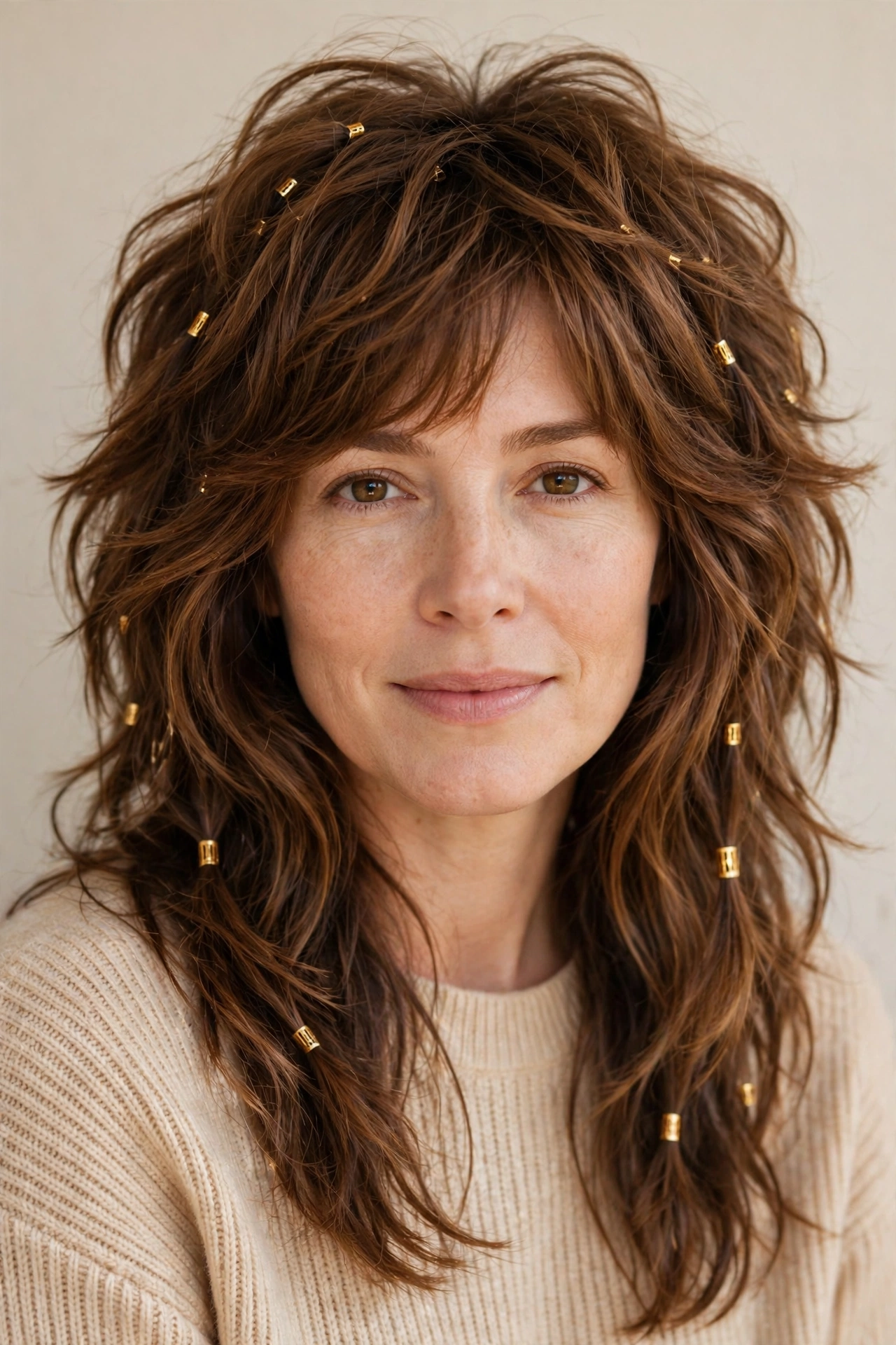 Warm Brown Wolf Cut Hairstyles for Thick Hair with a Shaggy Spring Finish with Small Gold Cuffs