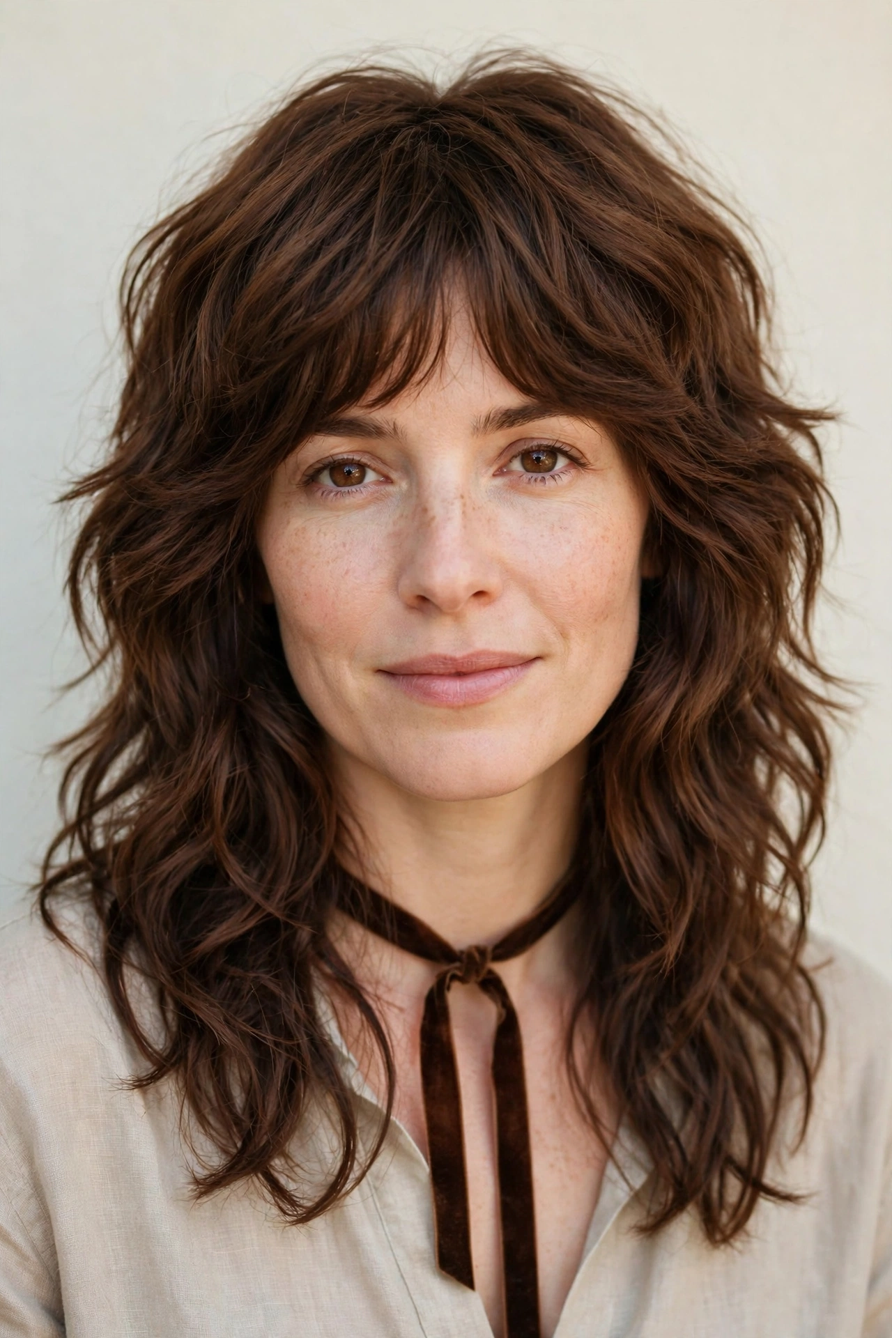 Wolf Cut Hairstyles for Thick Hair with a Shaggy Spring Finish in chestnut with a softly waved finish