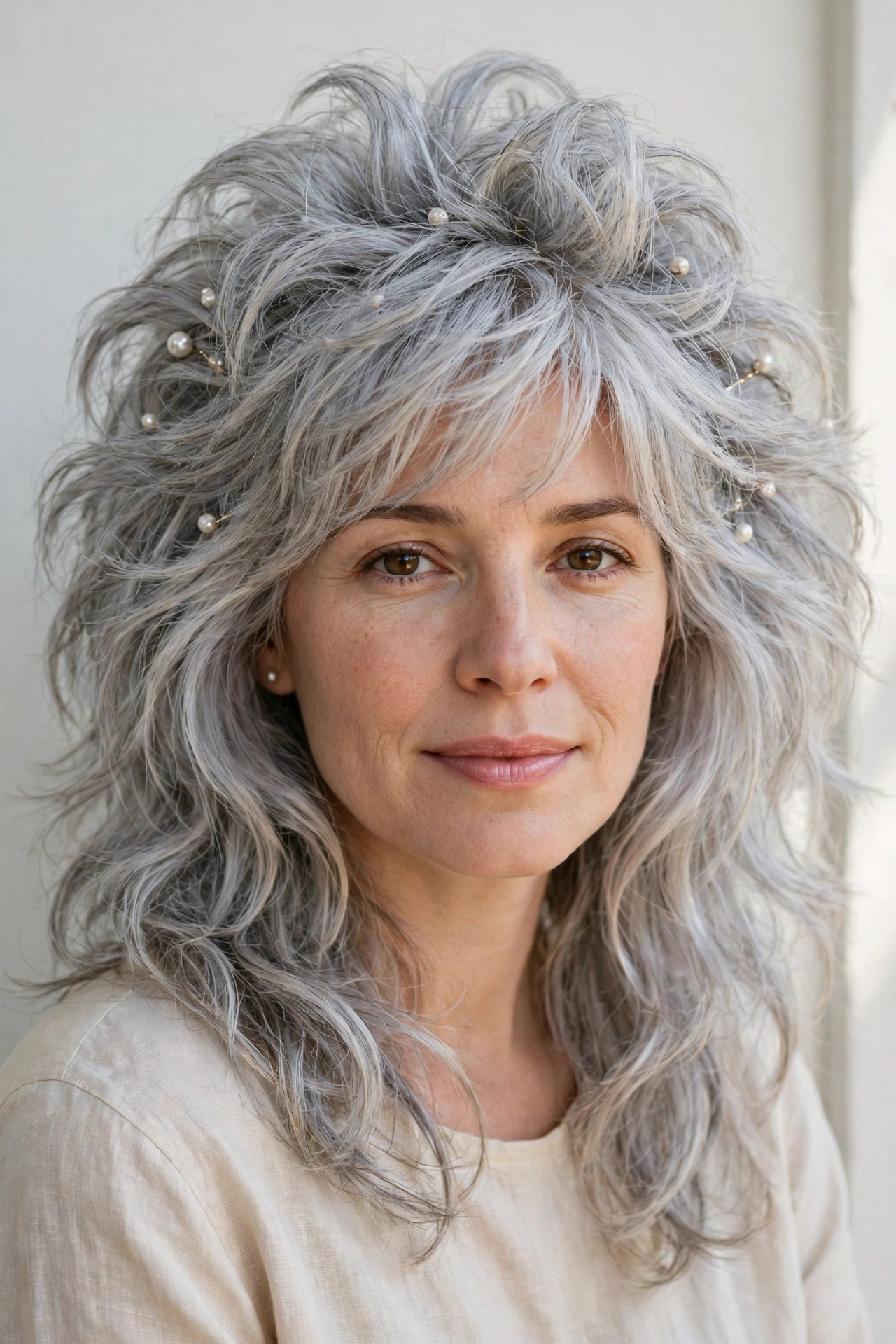 Silver Wolf Cut Hairstyles for Thick Hair with a Shaggy Spring Finish with Delicate Pearl Pins