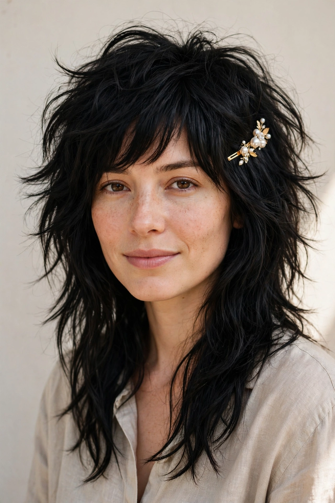 Wolf Cut Hairstyles for Thick Hair with a Shaggy Spring Finish in soft black with a relaxed with movement finish