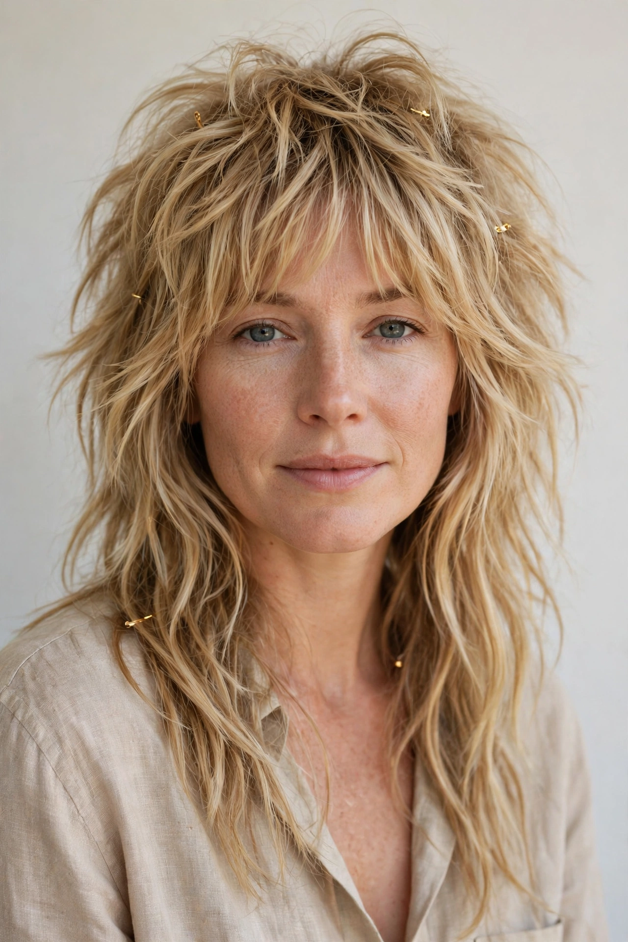 Honey Blonde Wolf Cut Hairstyles for Thick Hair with a Shaggy Spring Finish with Minimal Gold Pins