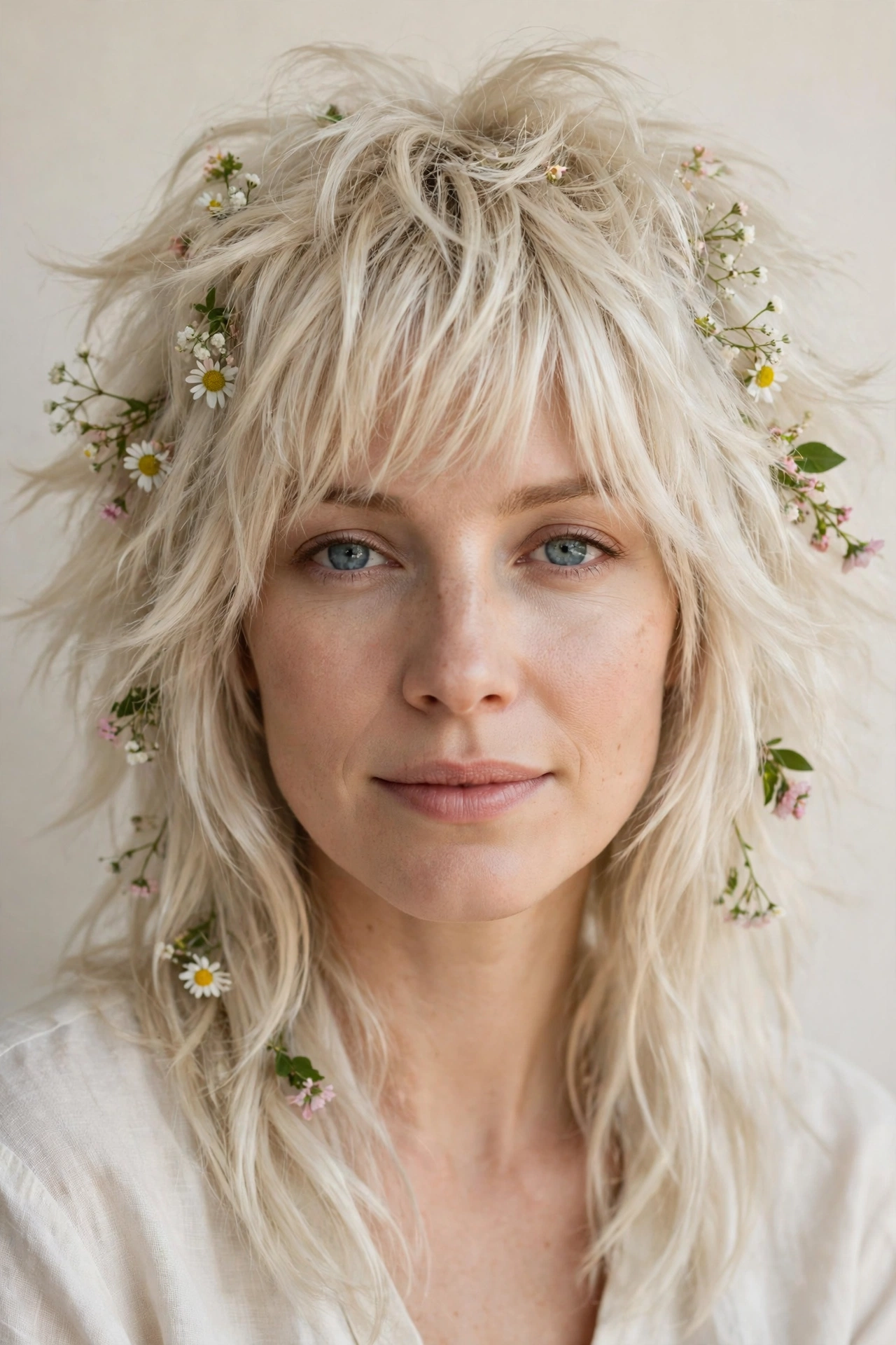 Platinum Blonde Wolf Cut Hairstyles for Thick Hair with a Shaggy Spring Finish with Tiny Fresh Flowers
