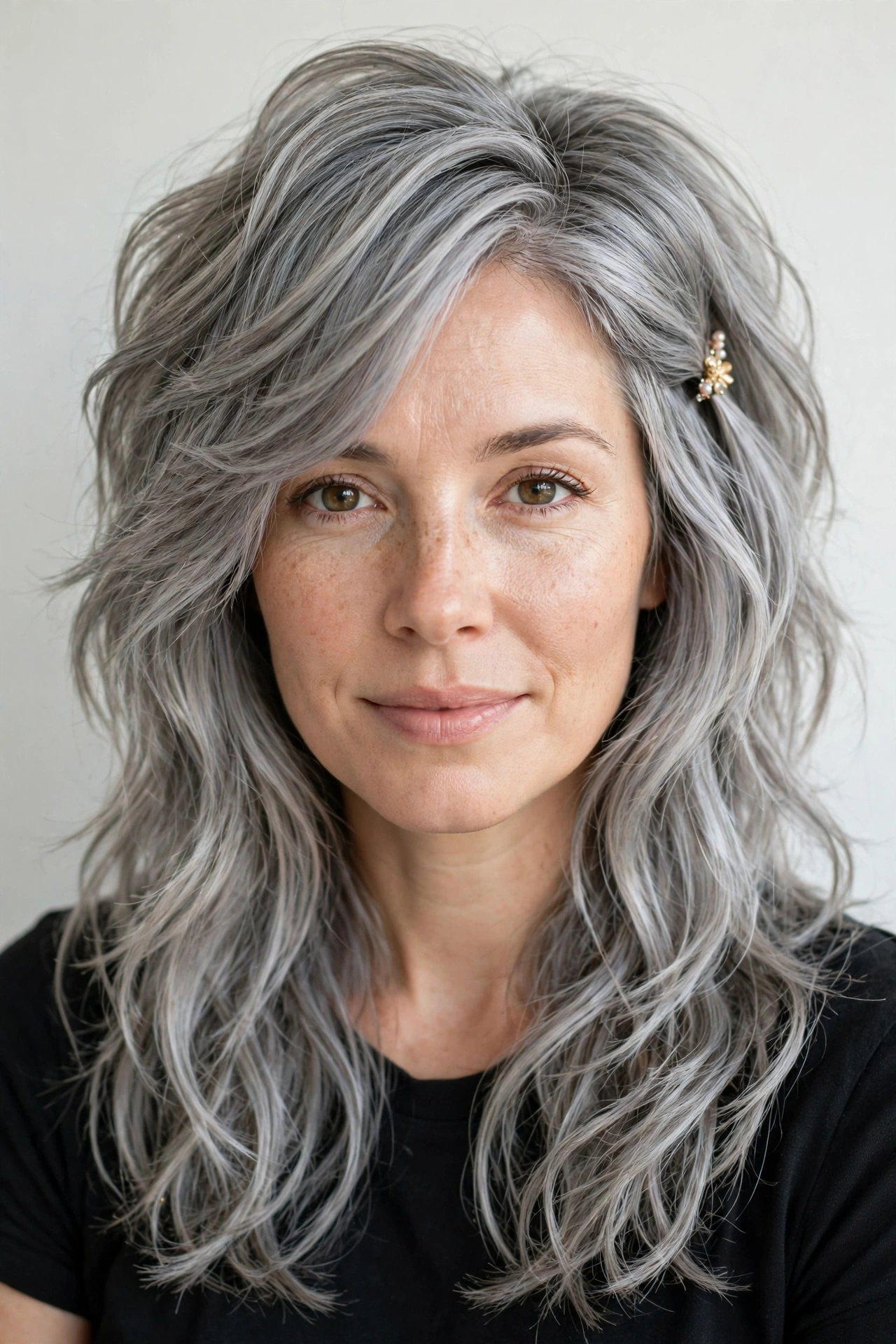 Wolf Cut Hairstyles for Thick Hair with a Shaggy Spring Finish in soft grey-blended with a sleek with shine finish