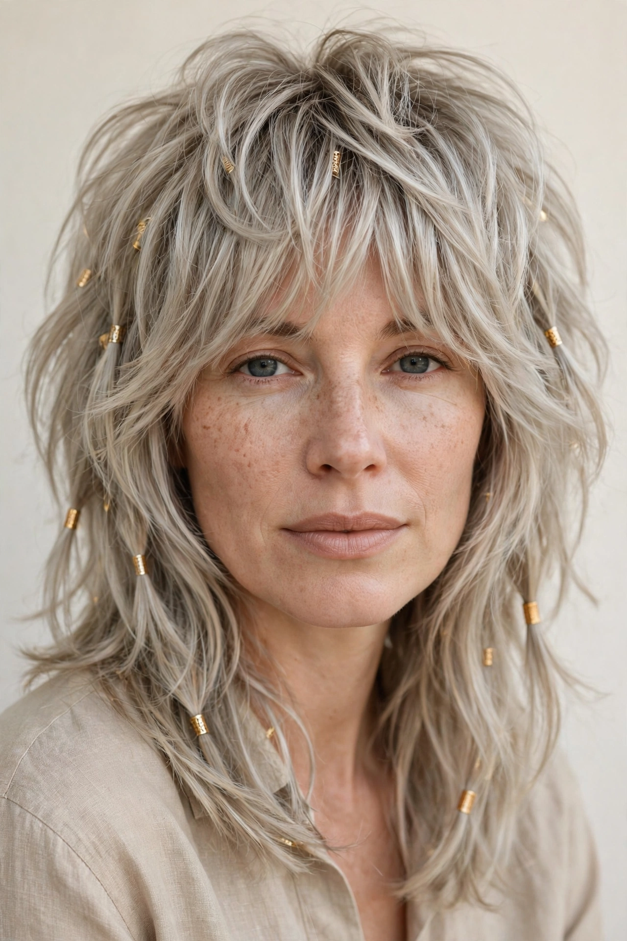 Ash Blonde Wolf Cut Hairstyles for Thick Hair with a Shaggy Spring Finish with Small Gold Cuffs