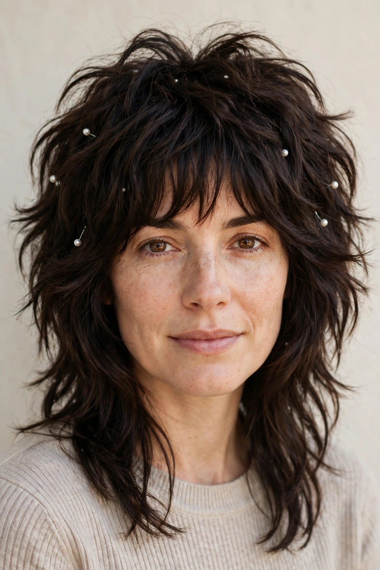 Deep Brunette Wolf Cut Hairstyles for Thick Hair with a Shaggy Spring Finish with Delicate Pearl Pins