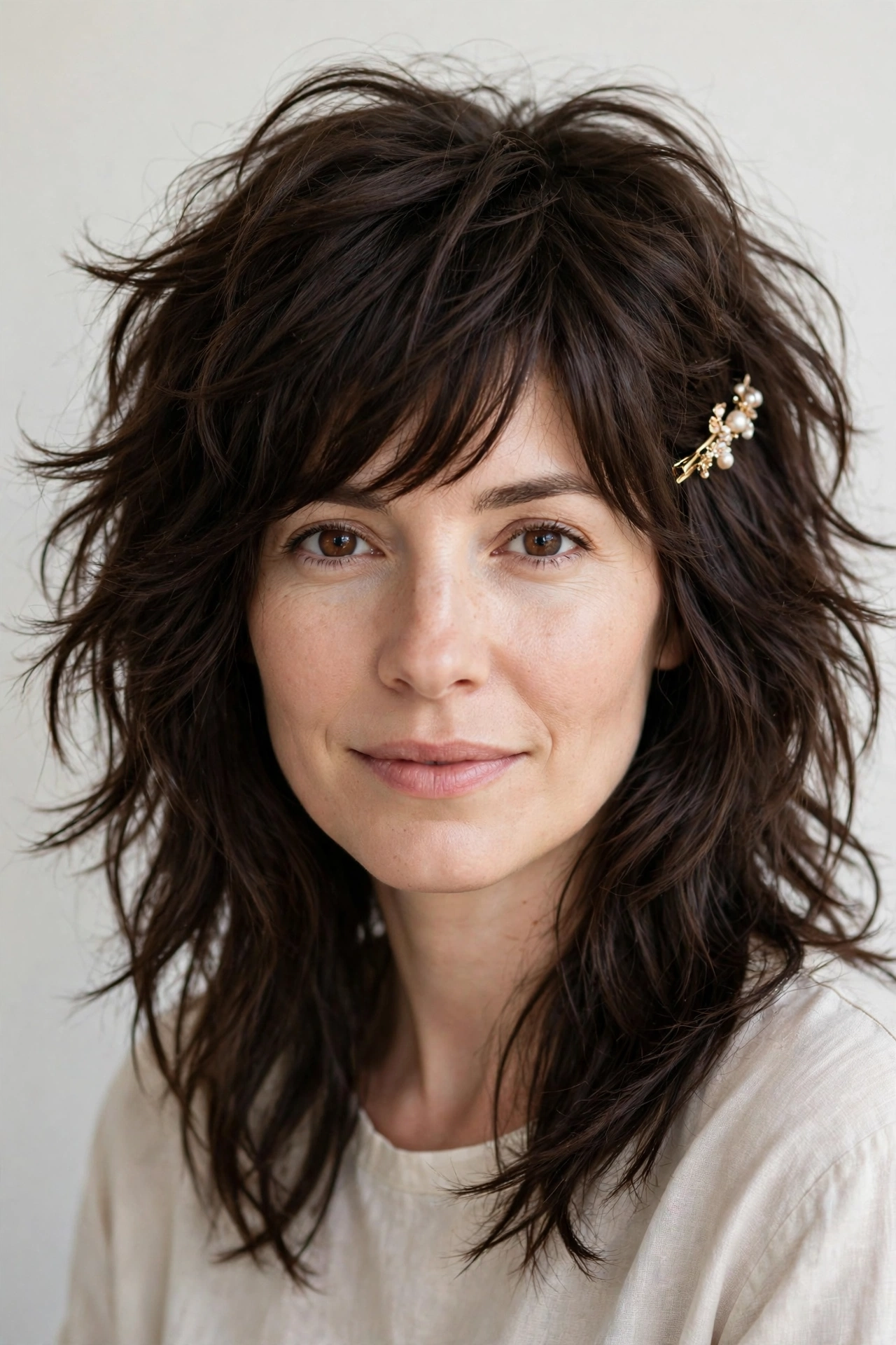Wolf Cut Hairstyles for Thick Hair with a Shaggy Spring Finish in dark chocolate with a relaxed with movement finish