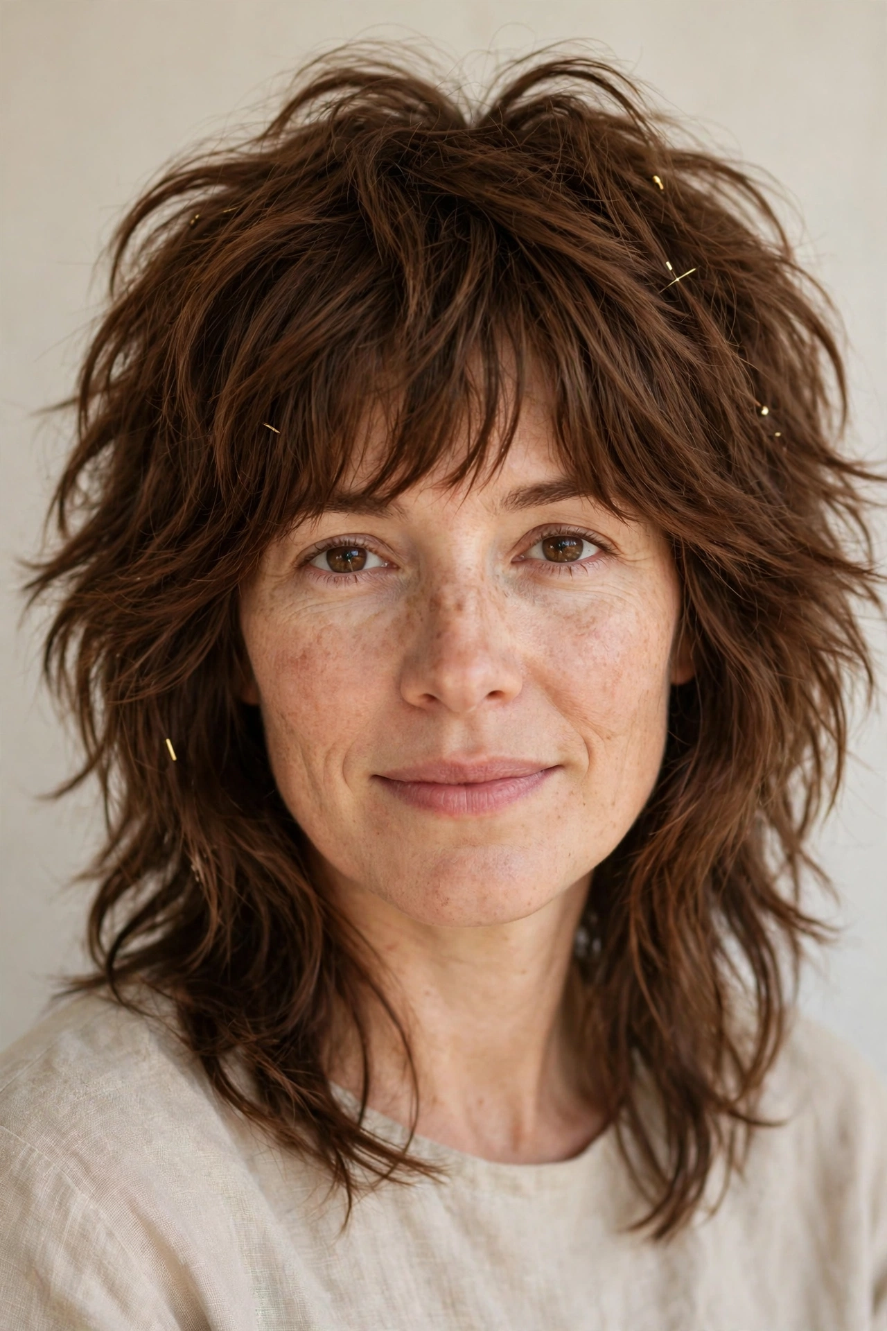 Warm Brown Wolf Cut Hairstyles for Thick Hair with a Shaggy Spring Finish with Minimal Gold Pins