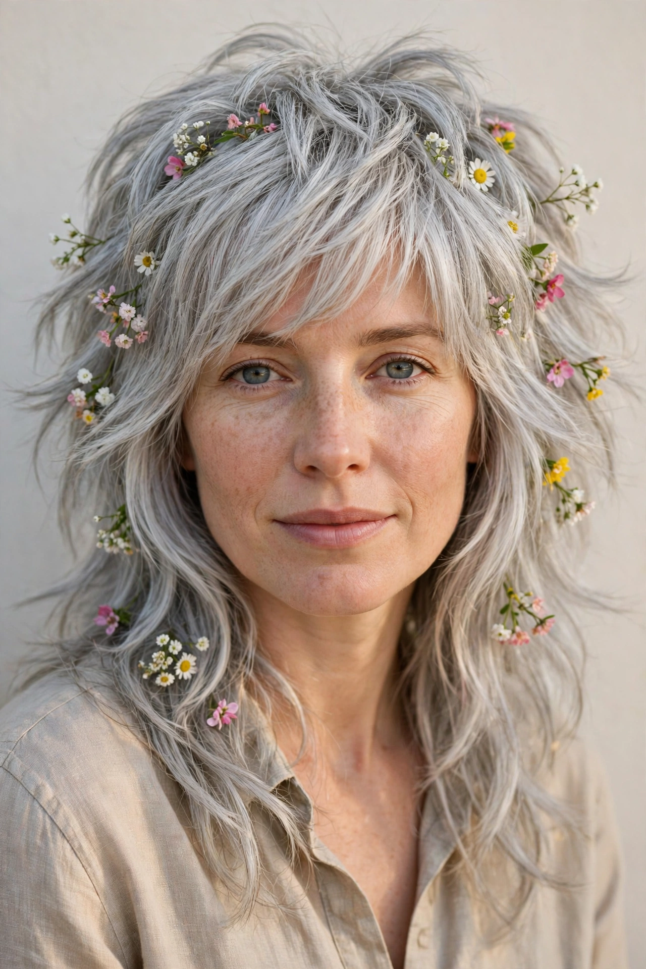 Silver Wolf Cut Hairstyles for Thick Hair with a Shaggy Spring Finish with Tiny Fresh Flowers