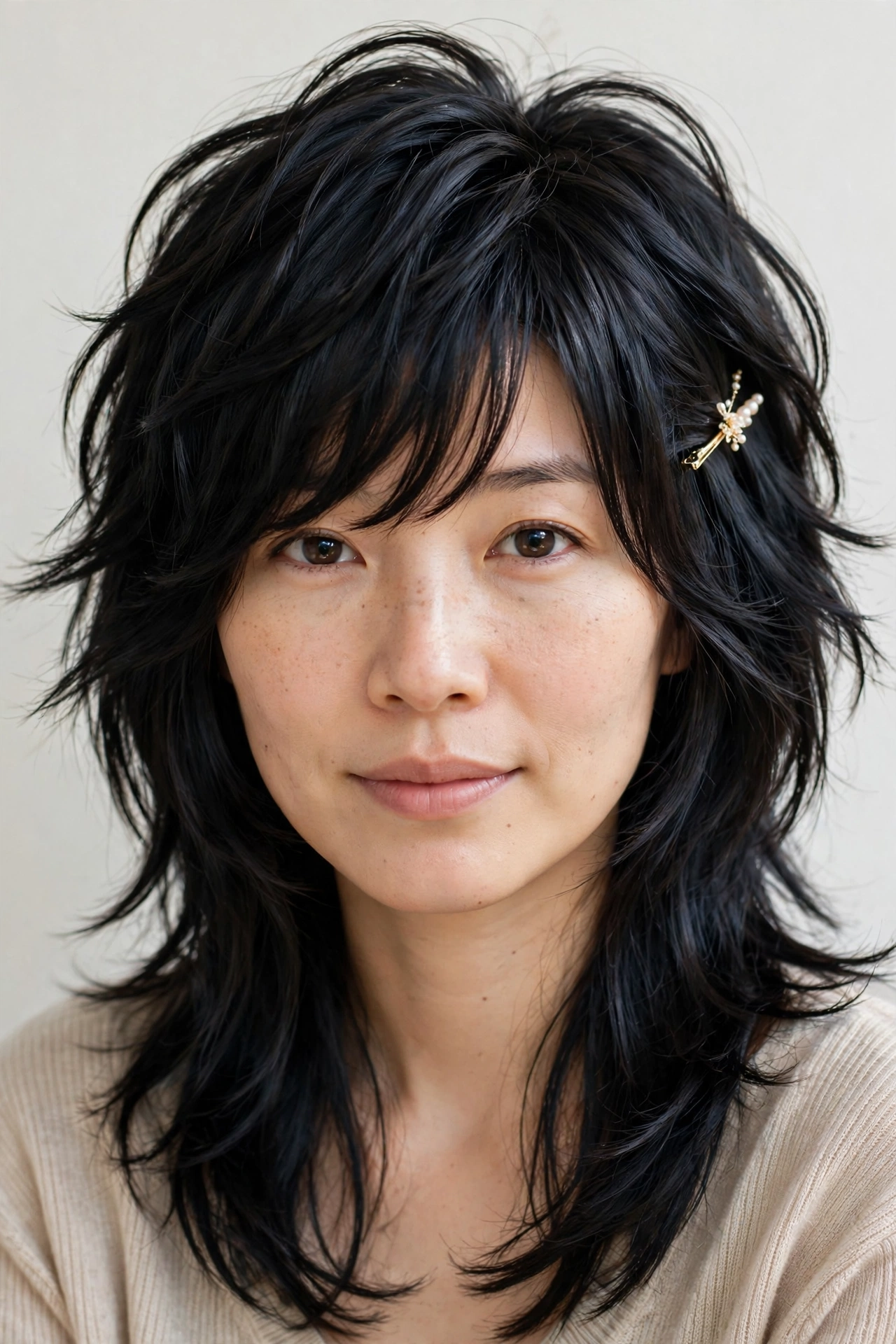 Wolf Cut Hairstyles for Thick Hair with a Shaggy Spring Finish in soft black with a sleek with shine finish