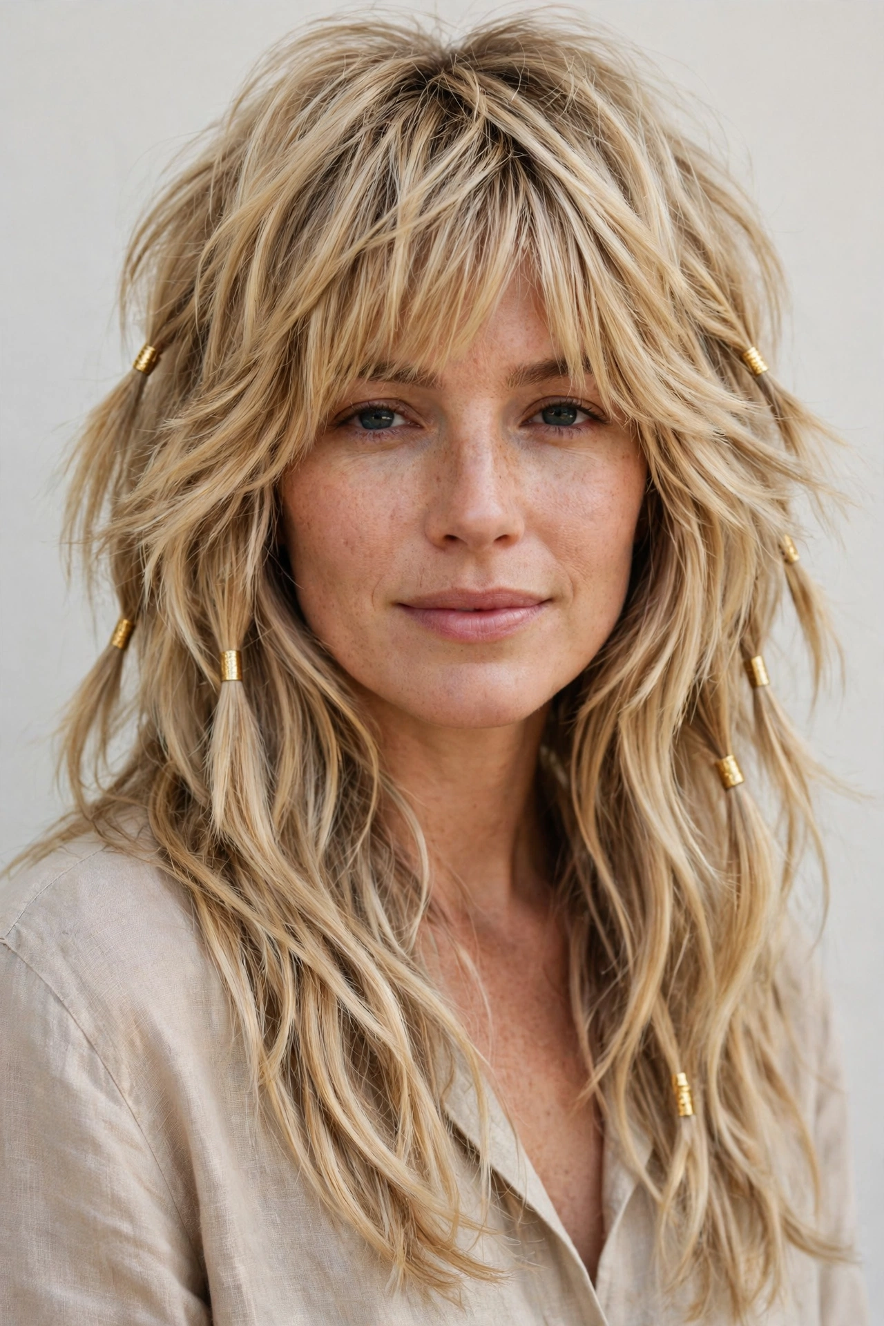 Honey Blonde Wolf Cut Hairstyles for Thick Hair with a Shaggy Spring Finish with Small Gold Cuffs