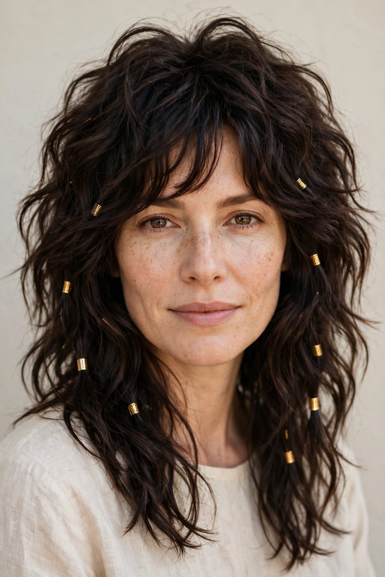 Deep Brunette Wolf Cut Hairstyles for Wavy Hair with Textured Ends with Small Gold Cuffs